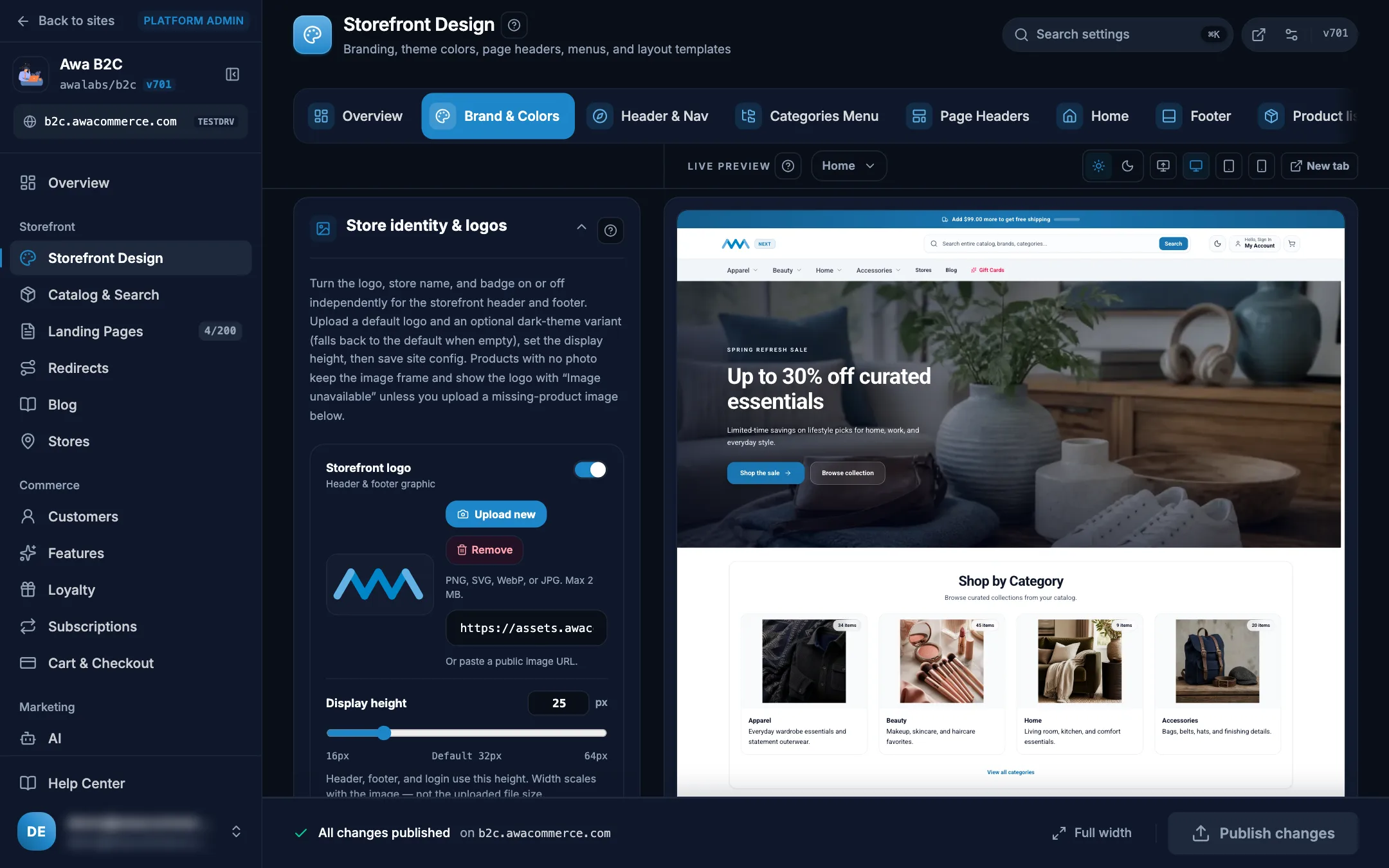 Admin Brand & Colors with the store logo and a live storefront preview on desktop in dark mode