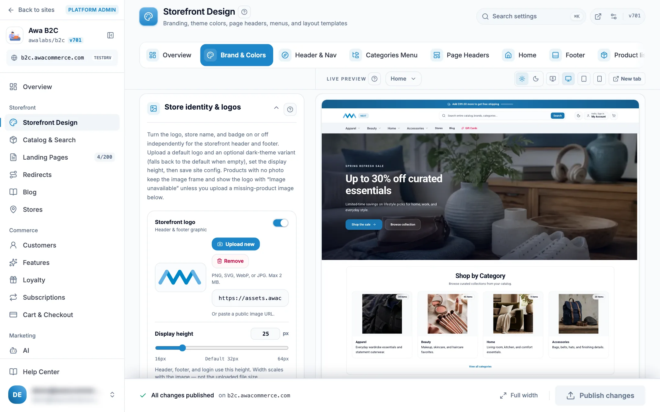 Admin Brand & Colors with the store logo and a live storefront preview on desktop