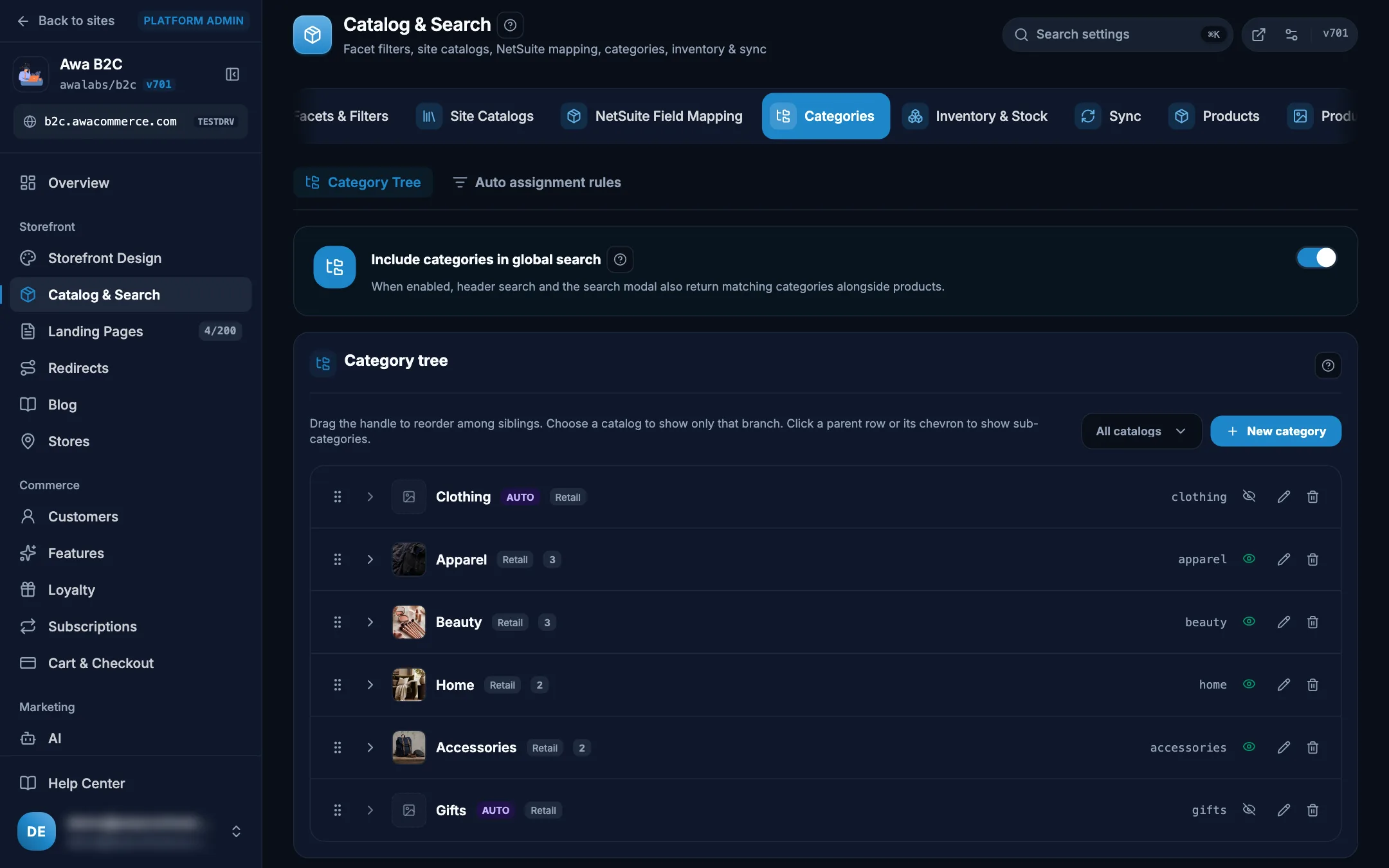 Admin category tree with automatic category rules on desktop in dark mode