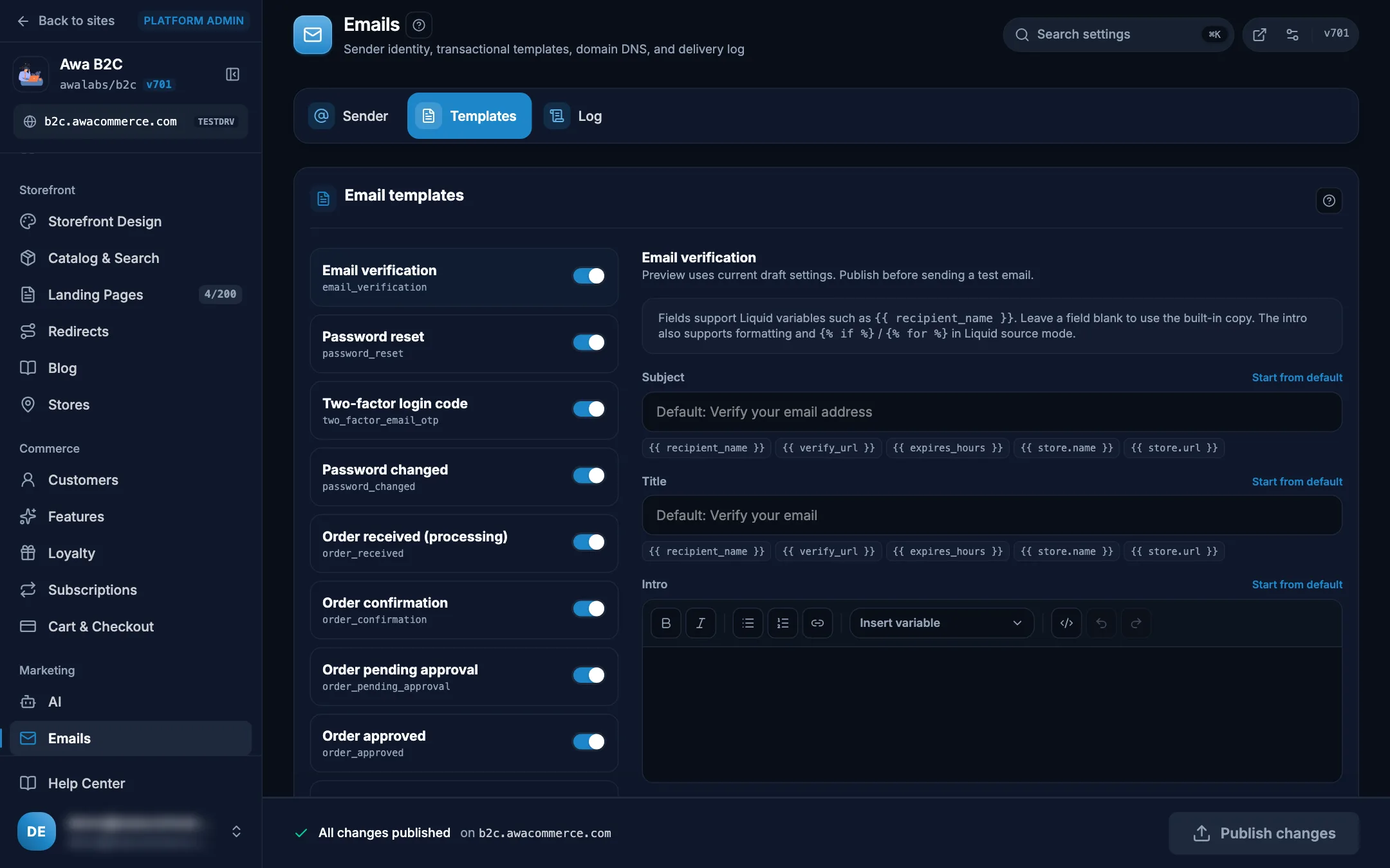 Admin email templates list with the template editor on desktop in dark mode