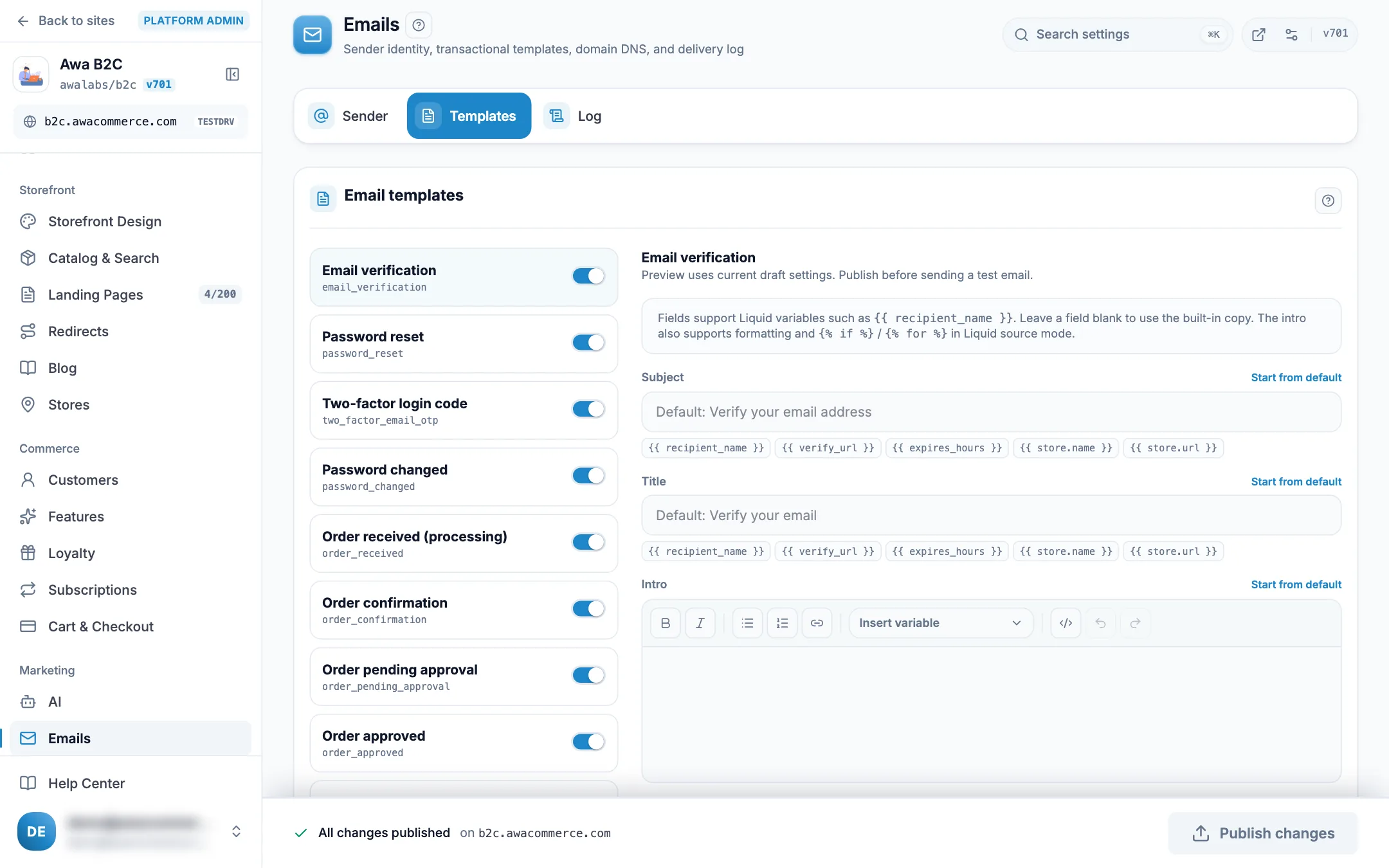 Admin email templates list with the template editor on desktop