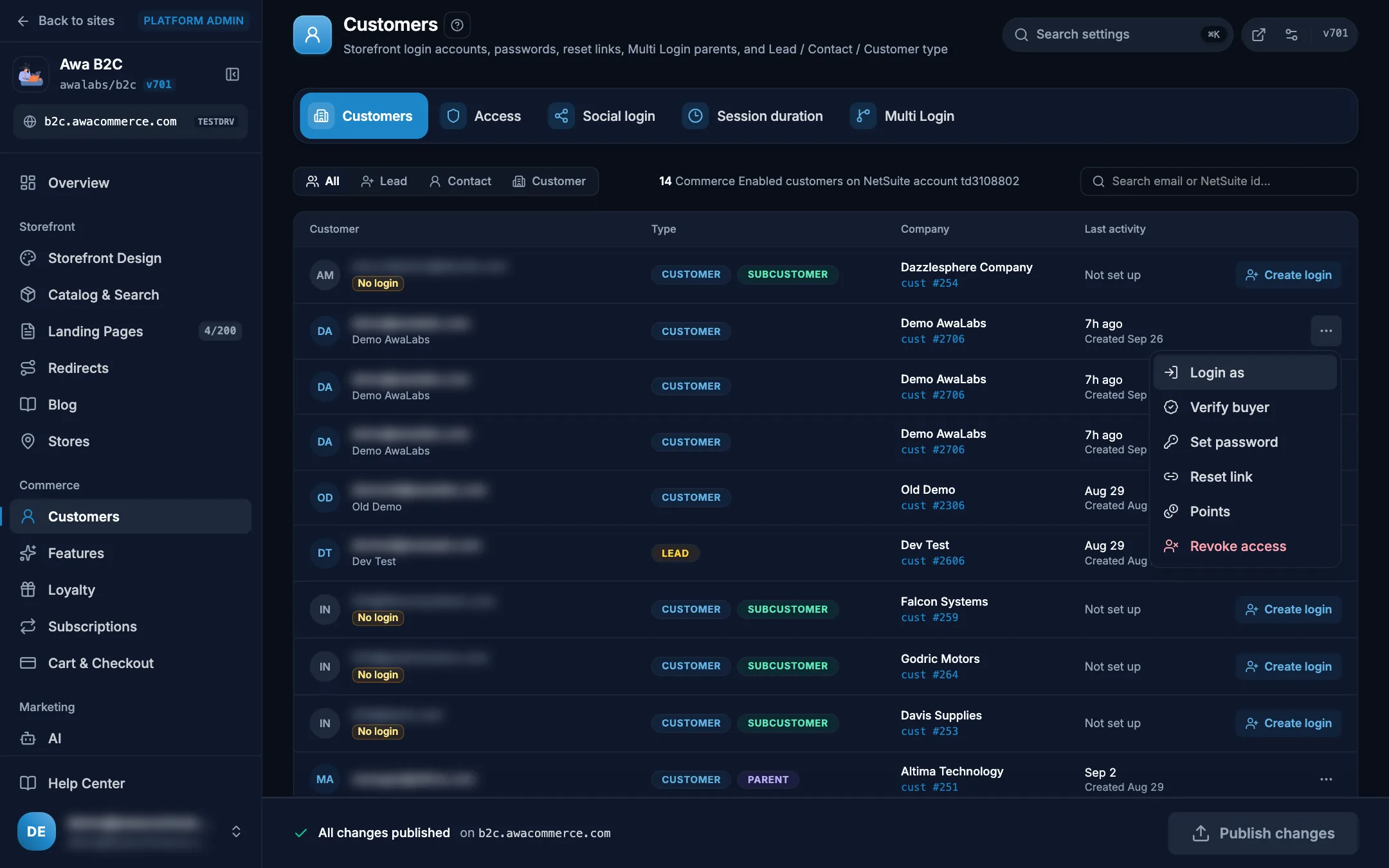 Admin customers list with the row actions menu open on Login as on desktop in dark mode