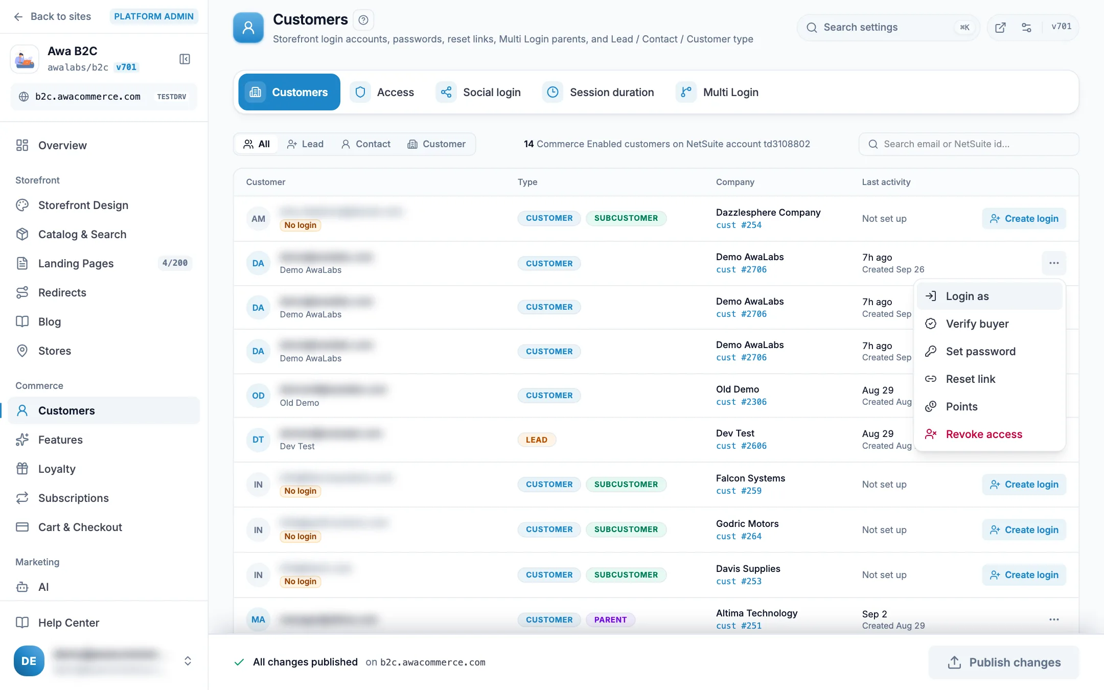 Admin customers list with the row actions menu open on Login as on desktop