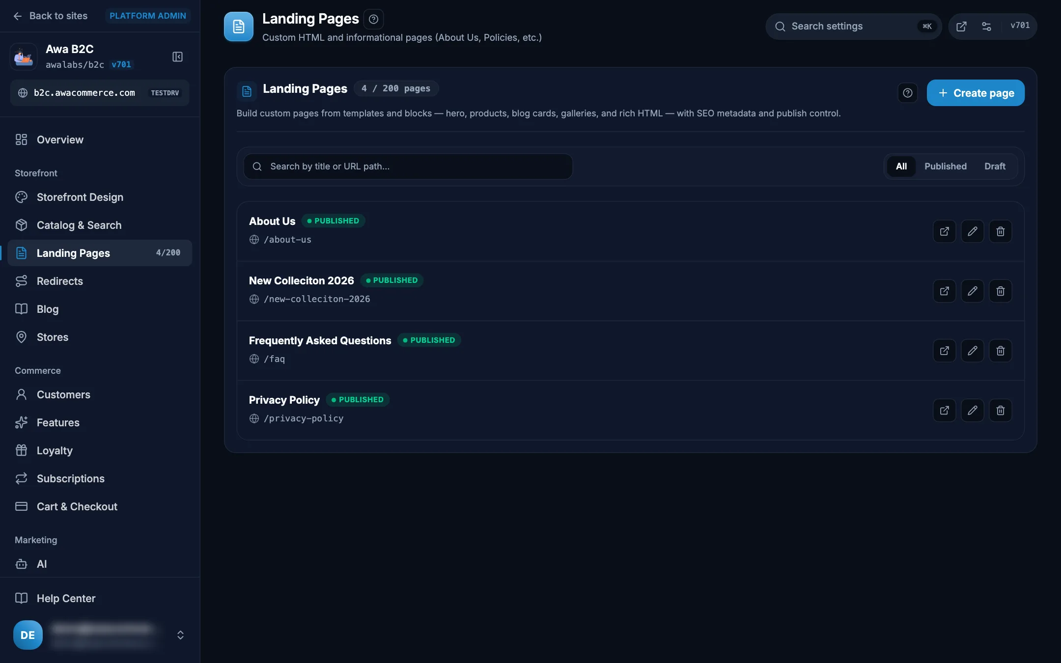 Admin landing pages list with published pages on desktop in dark mode