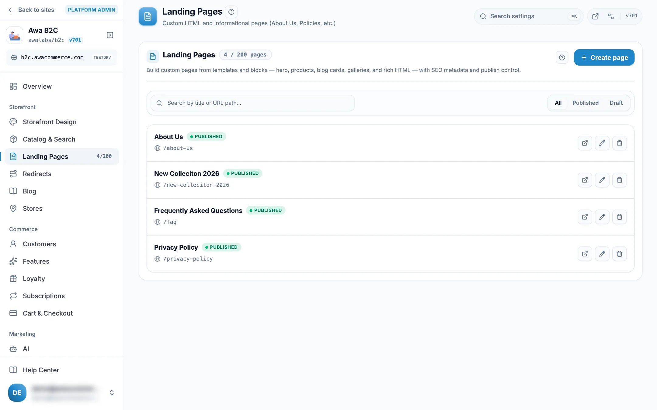 Admin landing pages list with published pages on desktop
