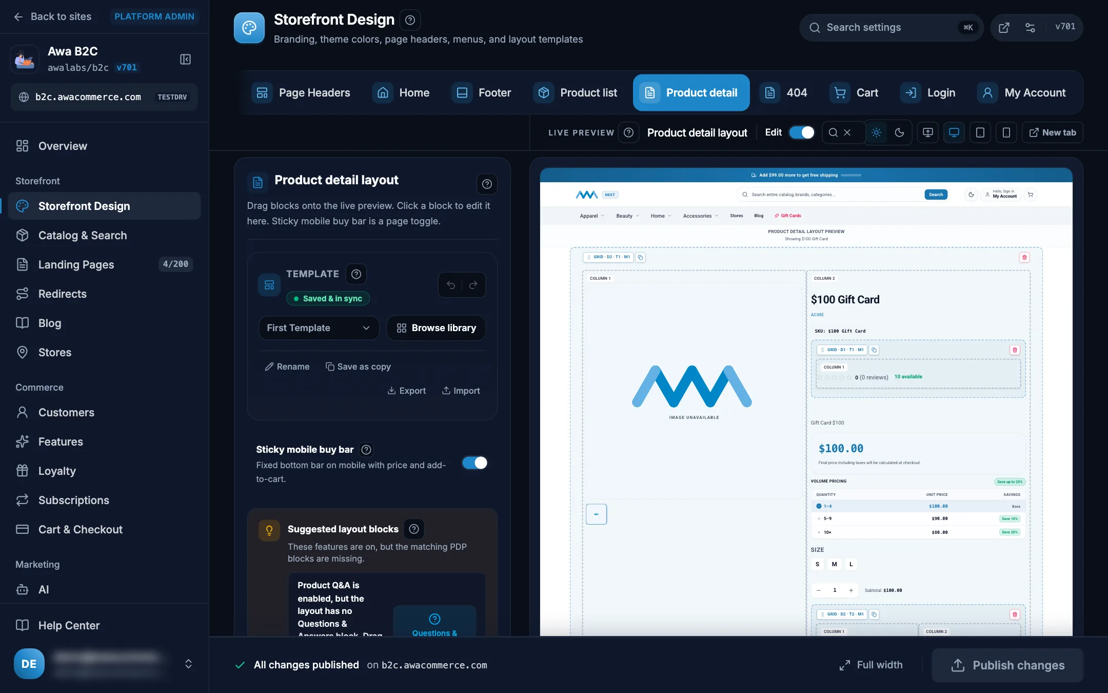 Admin layout builder editing the product detail page with a live preview on desktop in dark mode