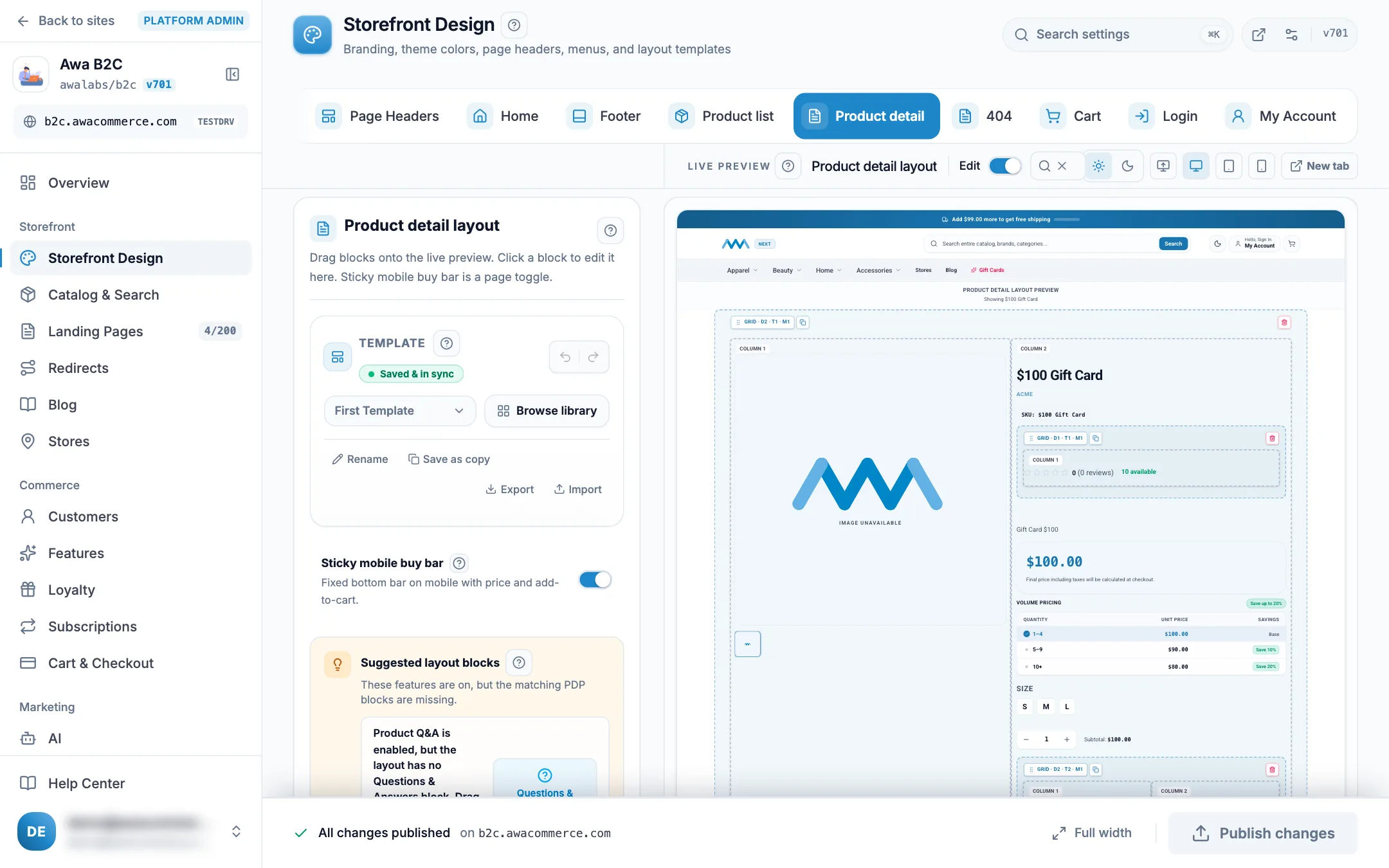 Admin layout builder editing the product detail page with a live preview on desktop
