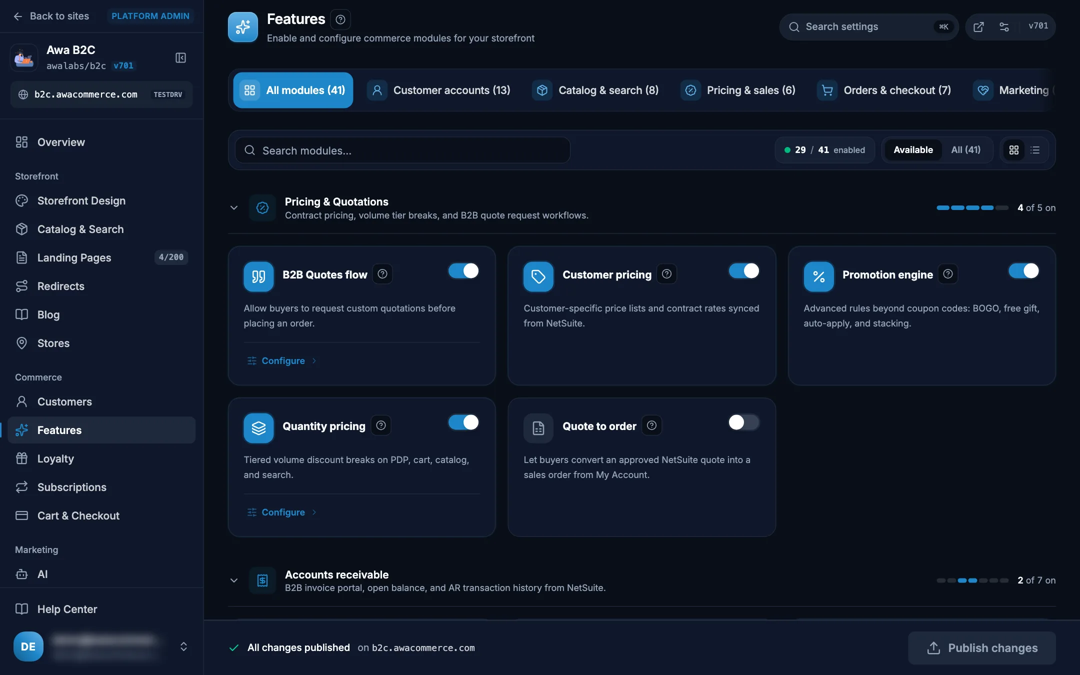 Admin Features list grouped by module with on and off switches on desktop in dark mode