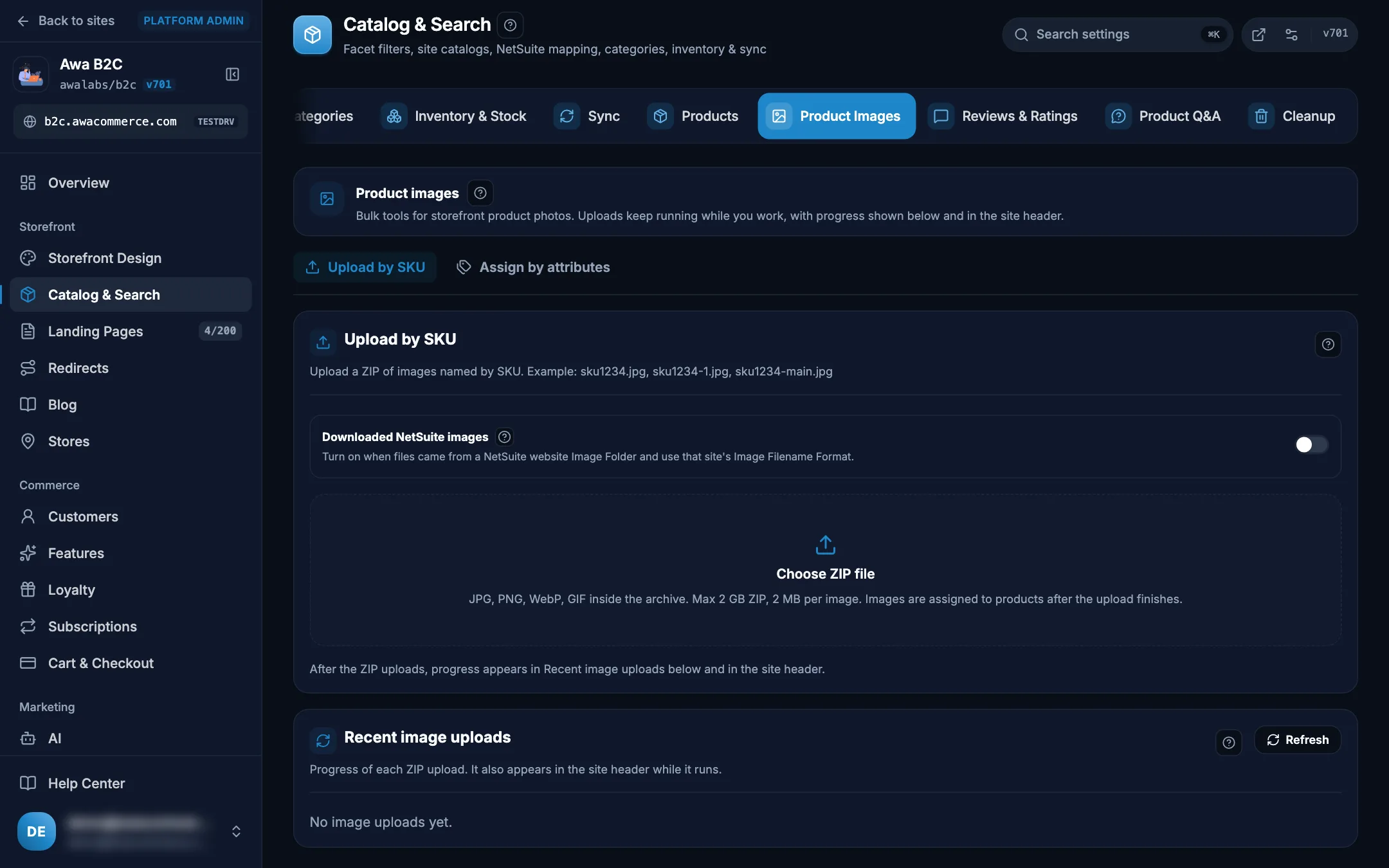 Admin product image tools with upload by SKU on desktop in dark mode