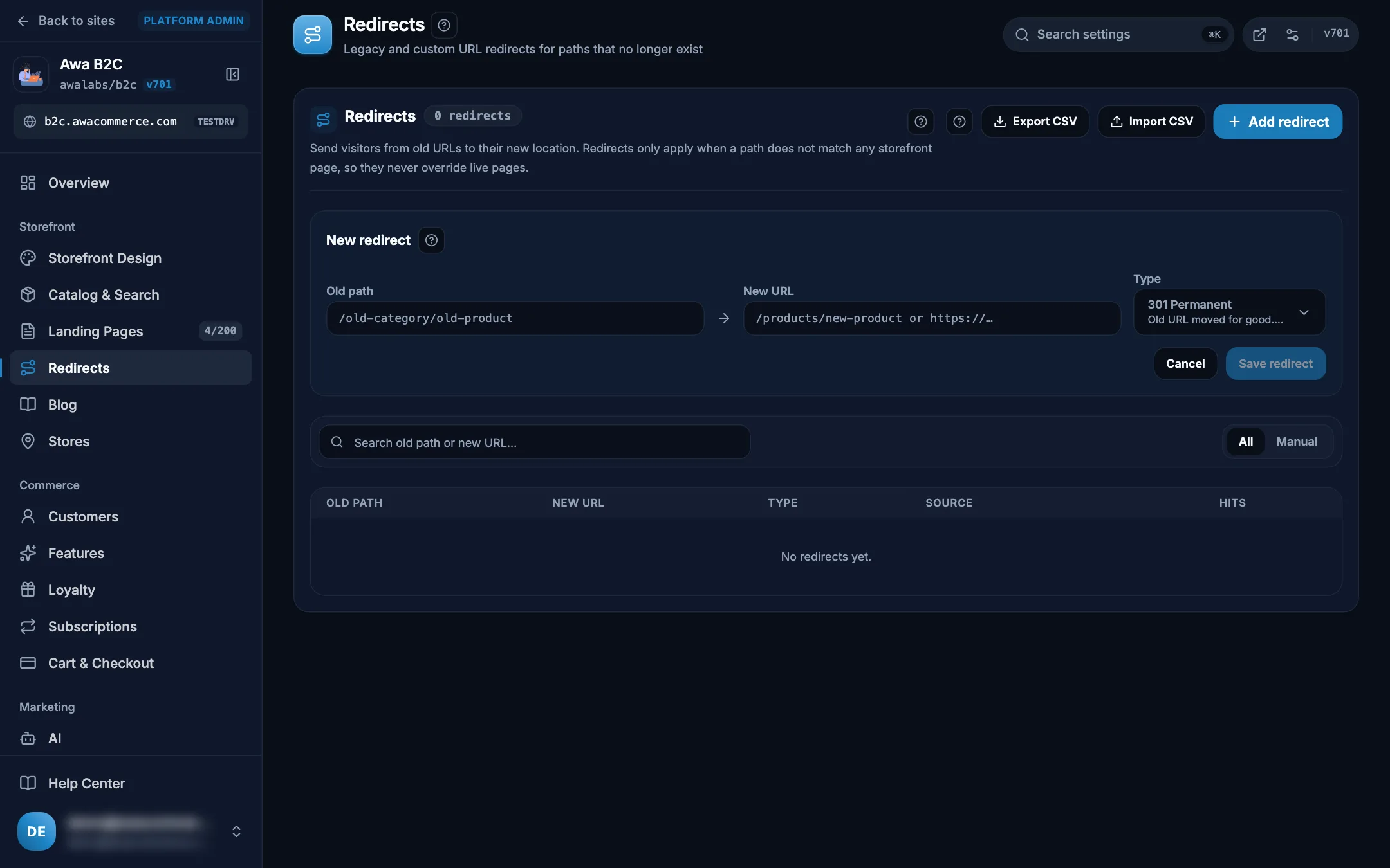 Admin Redirects with the add redirect form and CSV import and export on desktop in dark mode