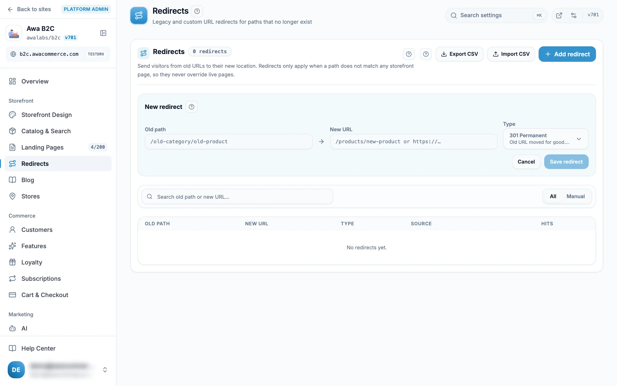 Admin Redirects with the add redirect form and CSV import and export on desktop