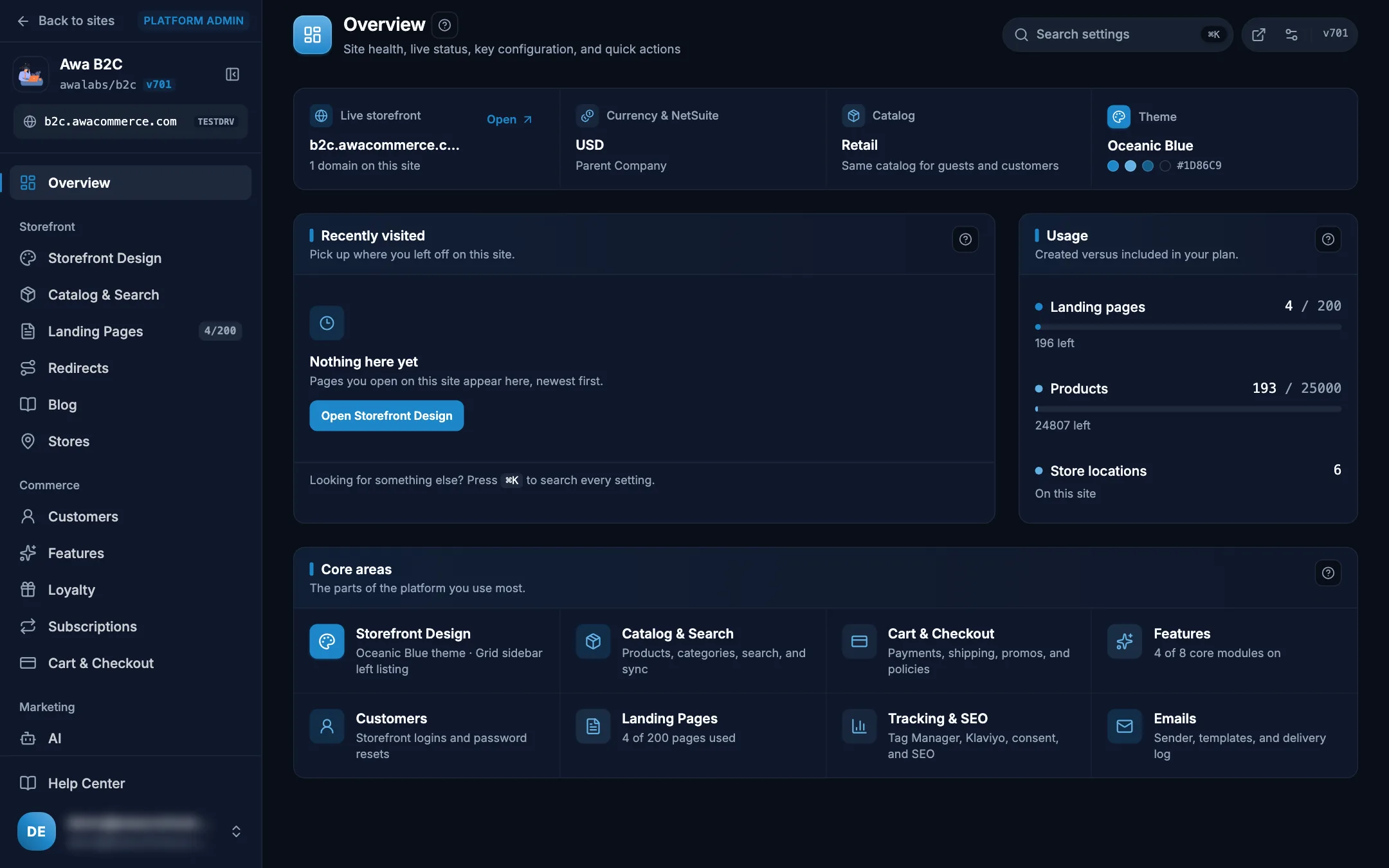 Admin site overview with usage, quick actions, and core areas on desktop in dark mode