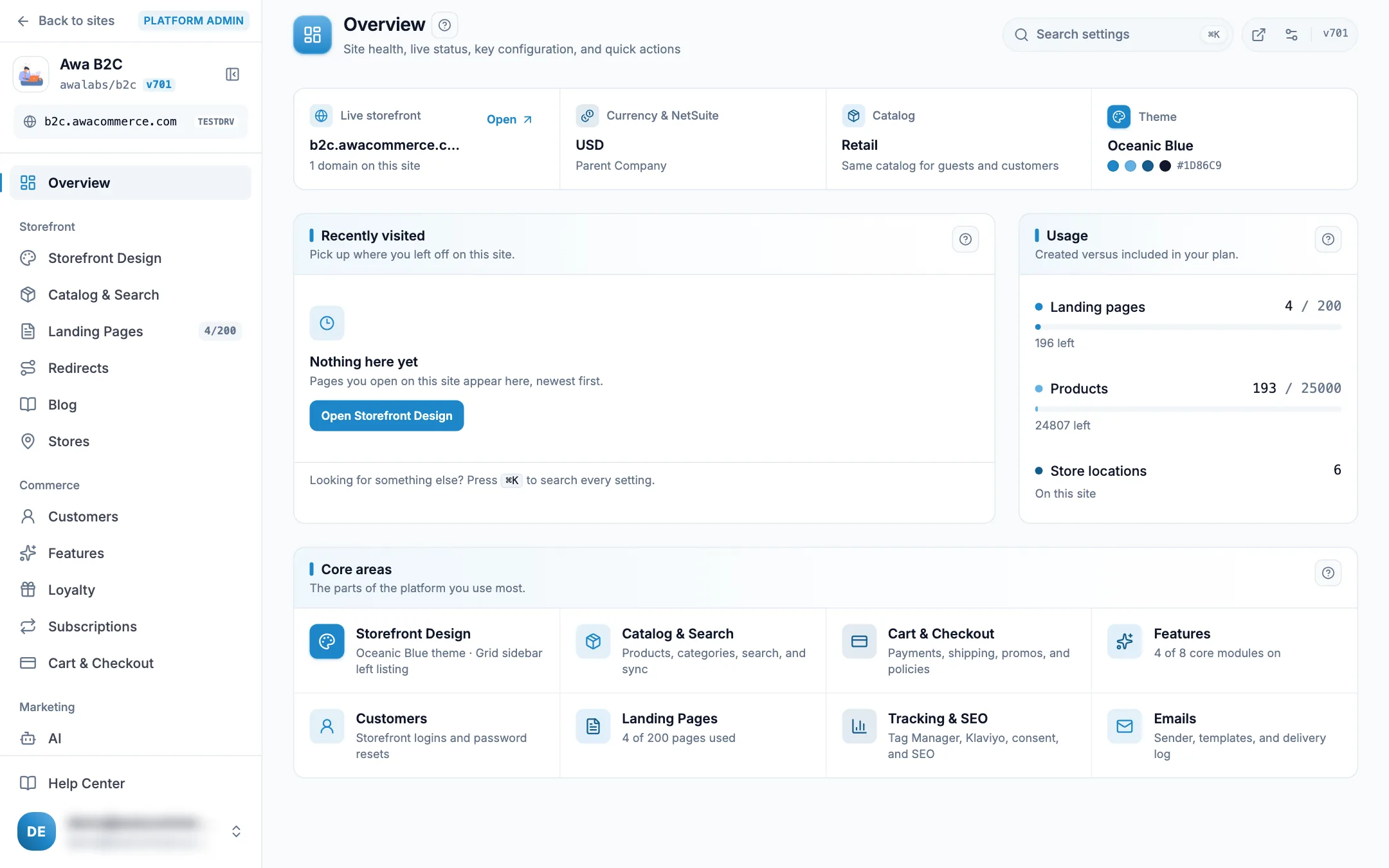 Admin site overview with usage, quick actions, and core areas on desktop