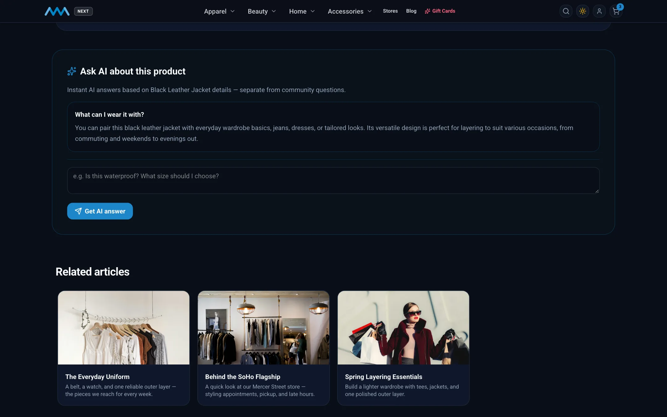AI answer to a shopper question on the Black Leather Jacket page on desktop in dark mode