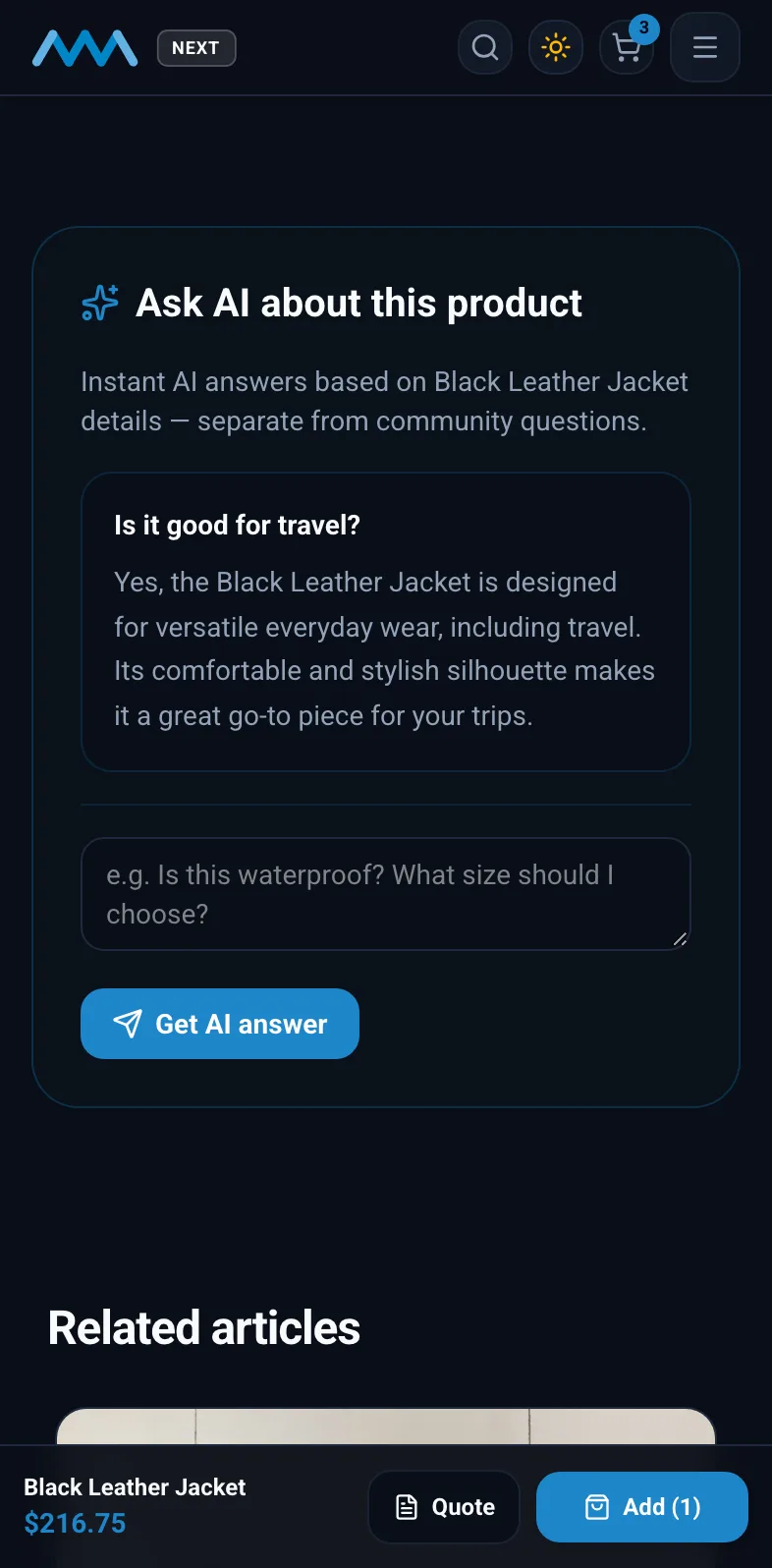 AI answer to a shopper question on the Black Leather Jacket page on mobile in dark mode