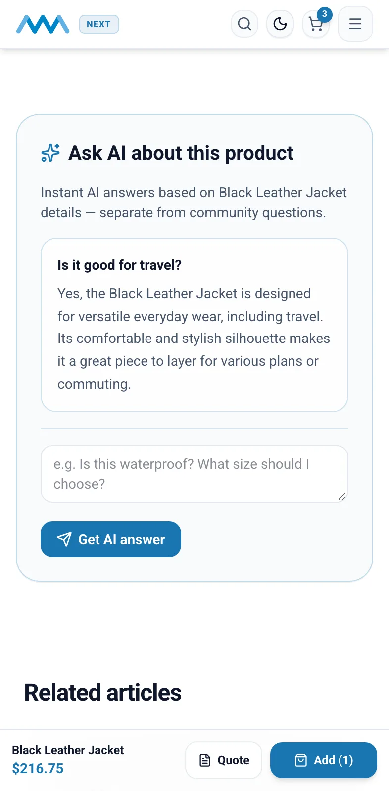 AI answer to a shopper question on the Black Leather Jacket page on mobile