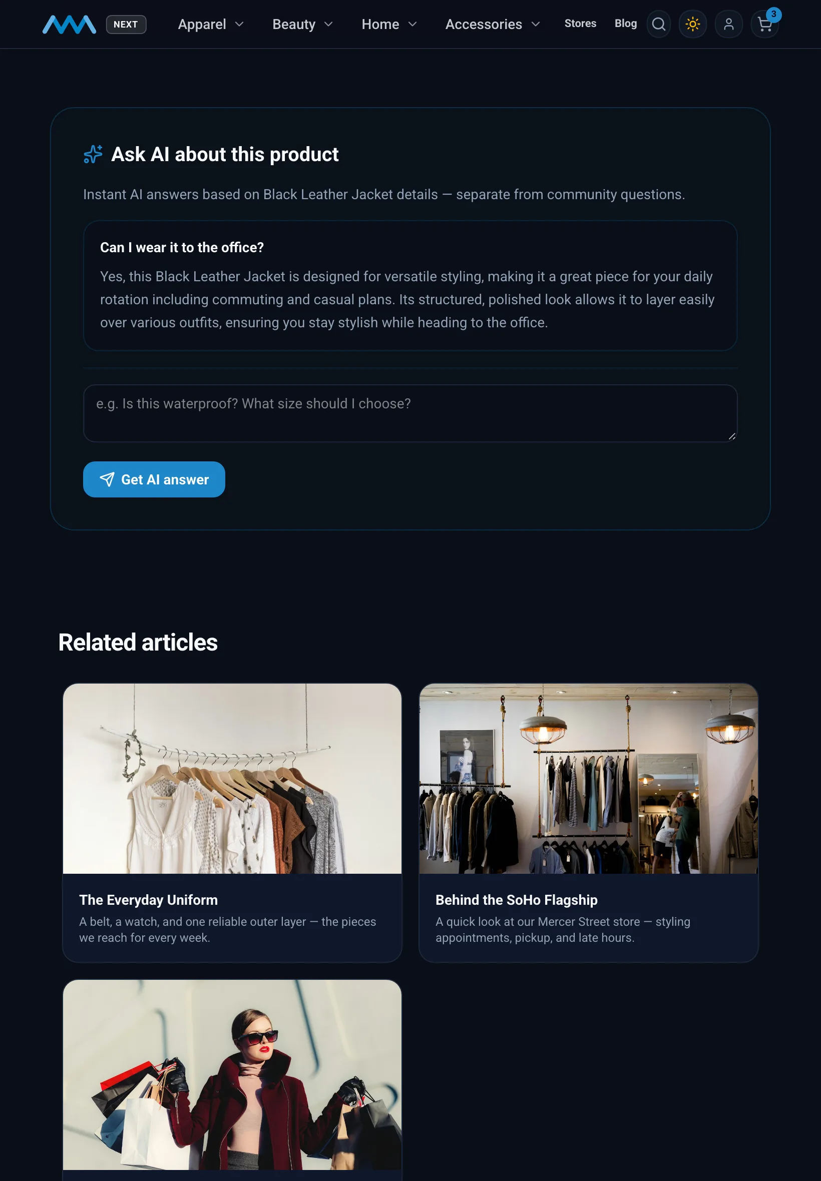 AI answer to a shopper question on the Black Leather Jacket page on tablet in dark mode