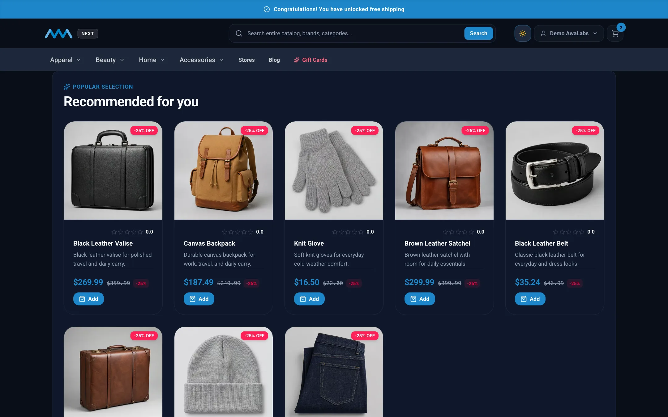 Recommended for you product grid on the home page on desktop in dark mode