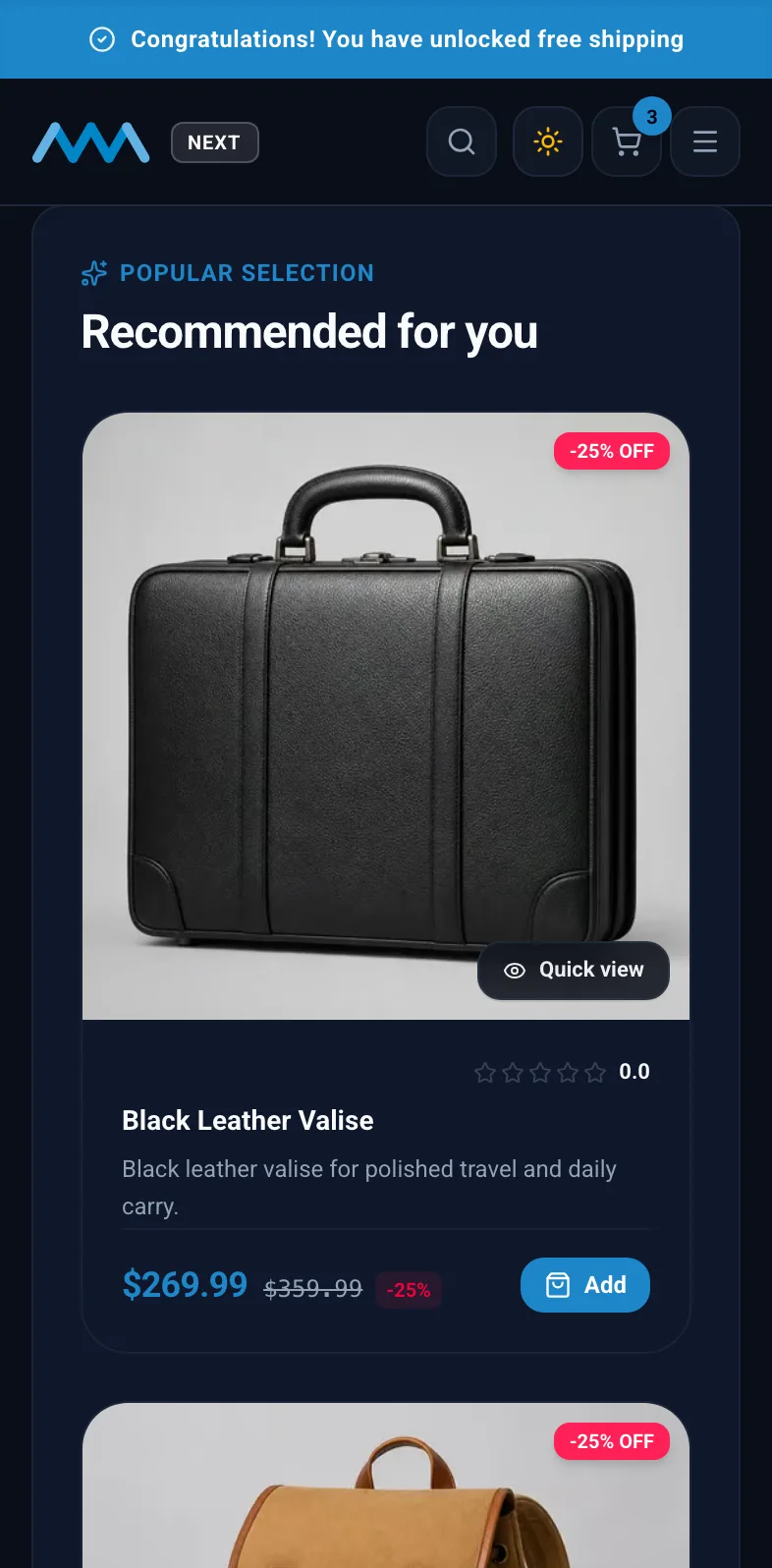 Recommended for you product grid on the home page on mobile in dark mode