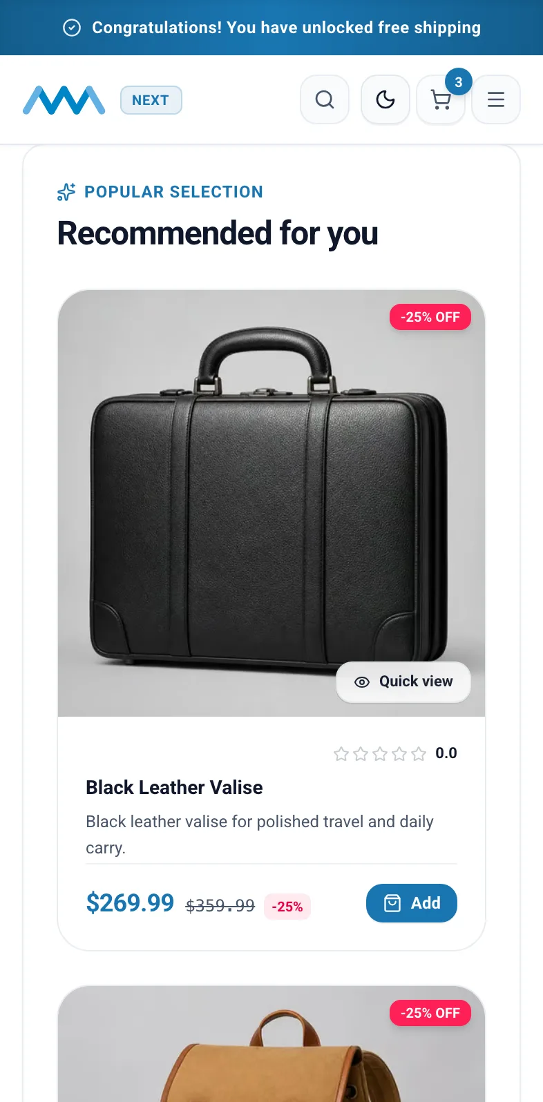 Recommended for you product grid on the home page on mobile
