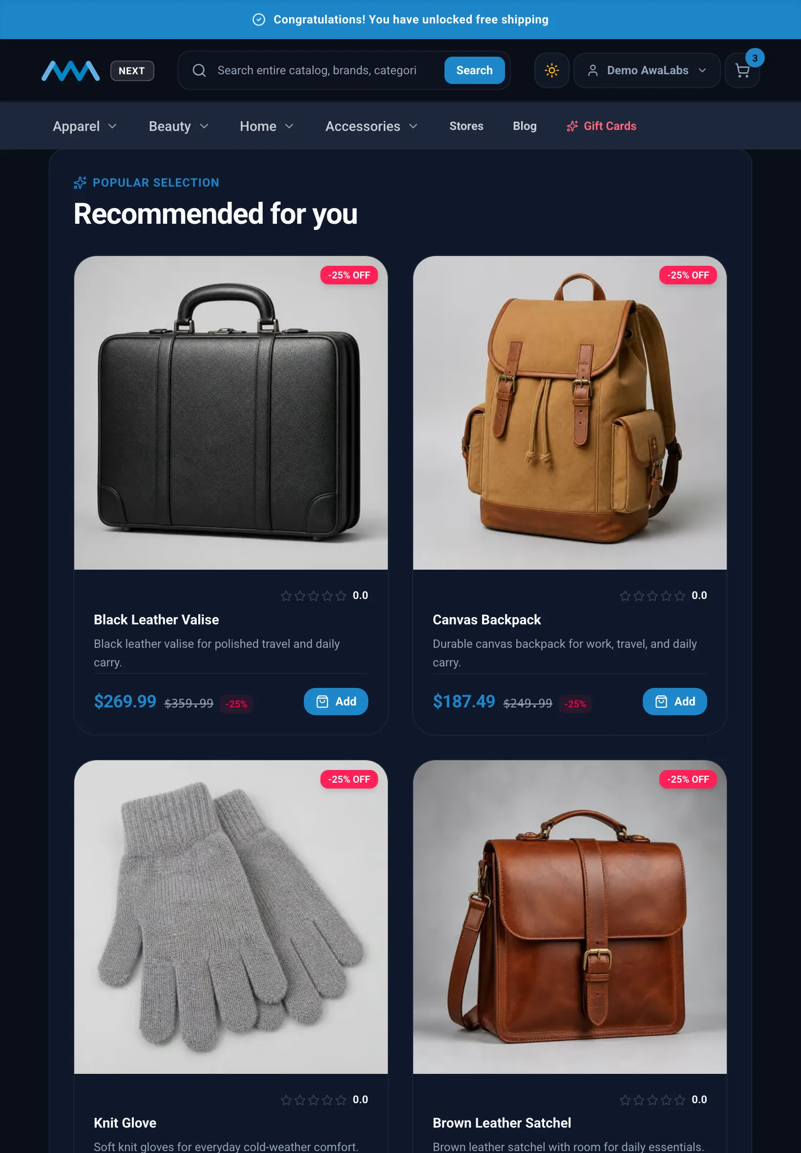 Recommended for you product grid on the home page on tablet in dark mode