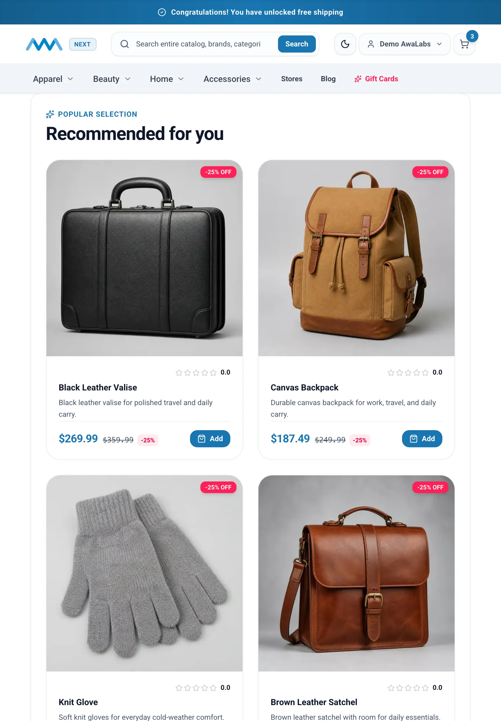 Recommended for you product grid on the home page on tablet