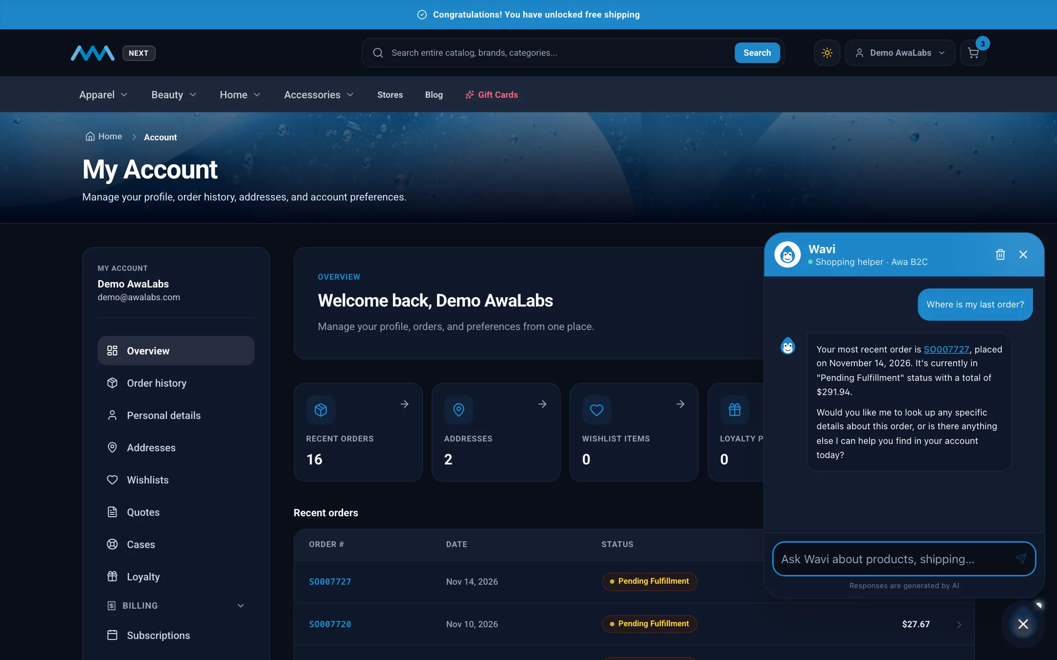 Wavi answering a signed-in customer about their account on desktop in dark mode