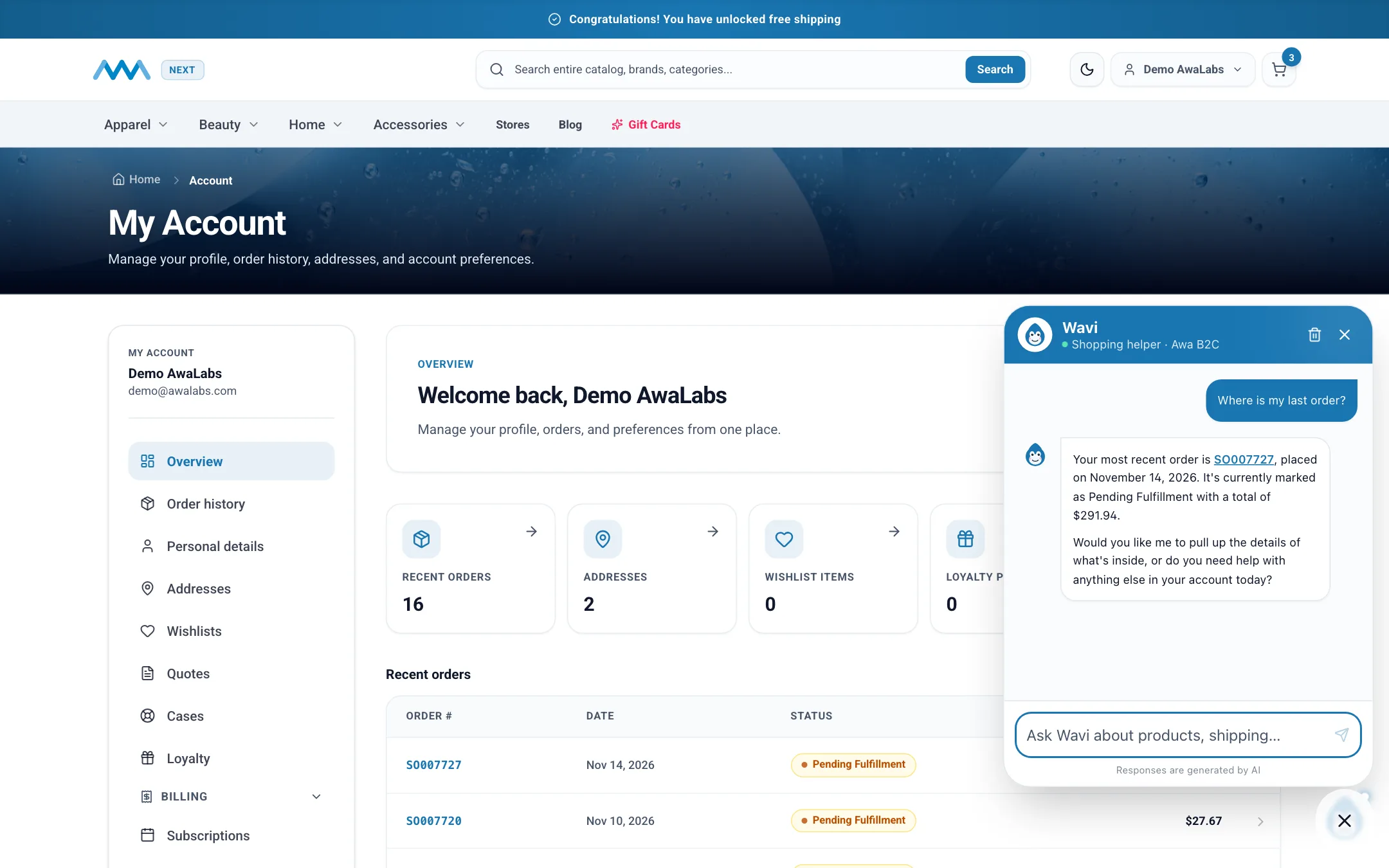 Wavi answering a signed-in customer about their account on desktop