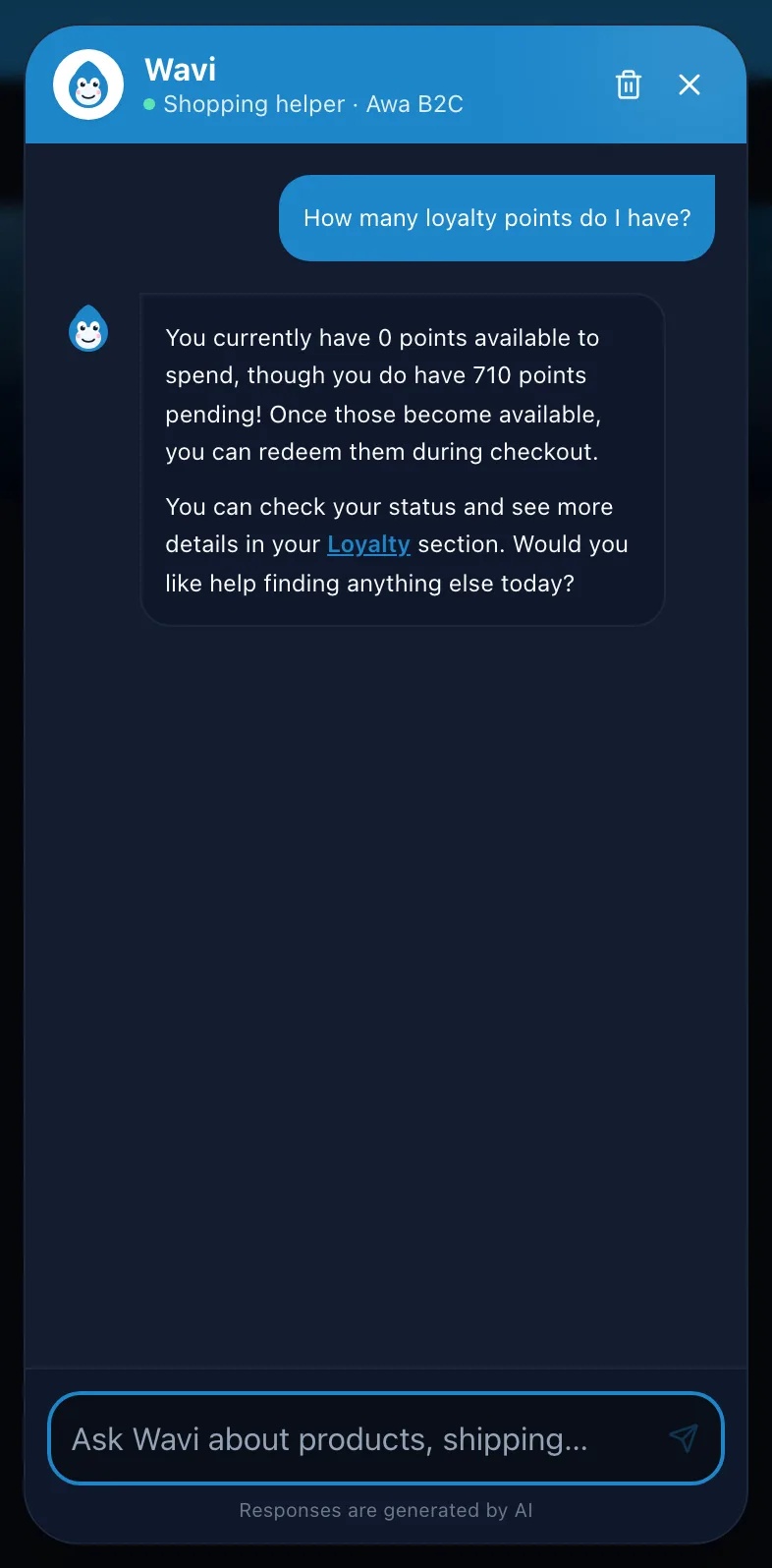 Wavi answering a signed-in customer about their account on mobile in dark mode