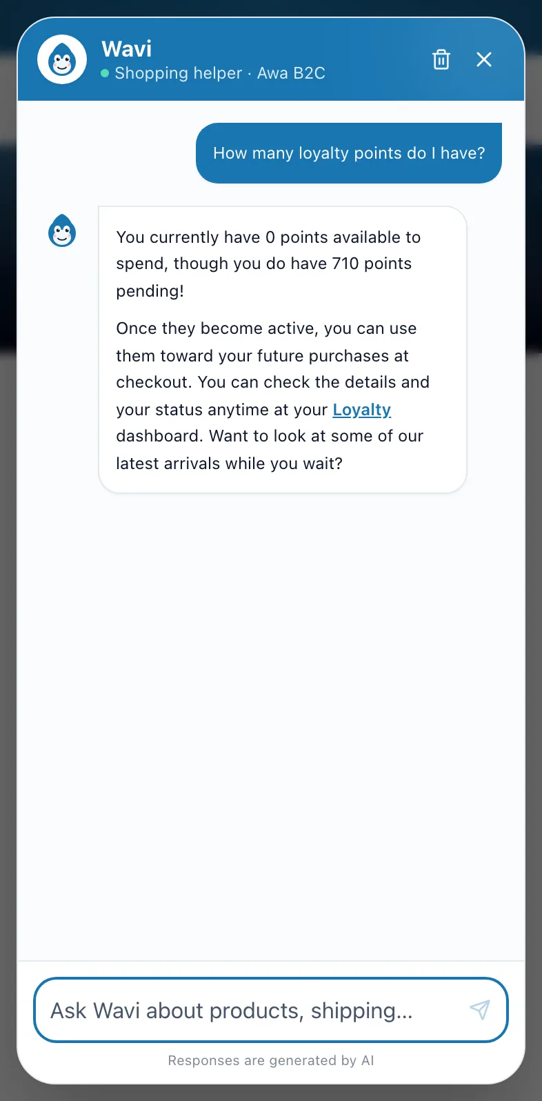 Wavi answering a signed-in customer about their account on mobile