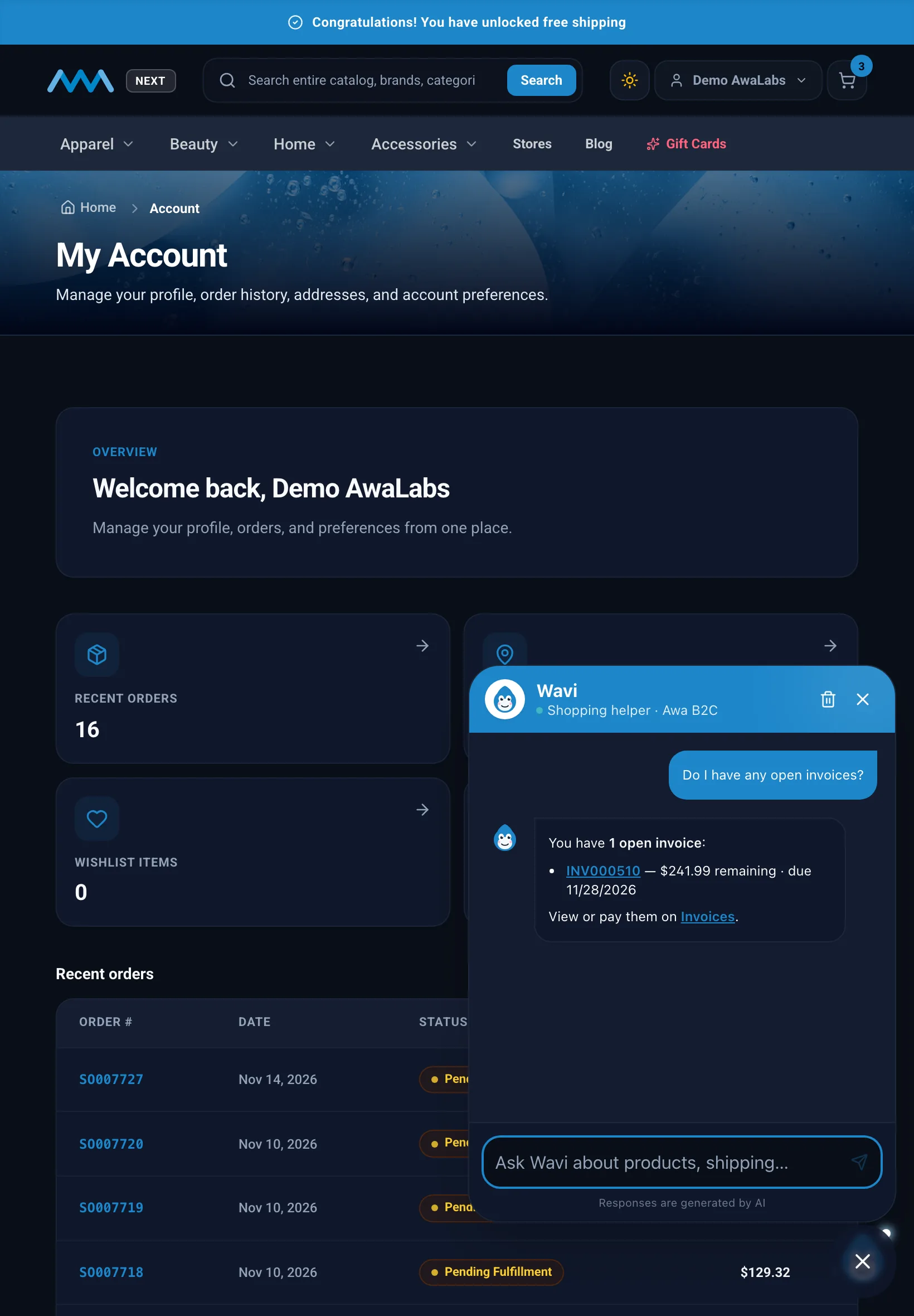 Wavi answering a signed-in customer about their account on tablet in dark mode