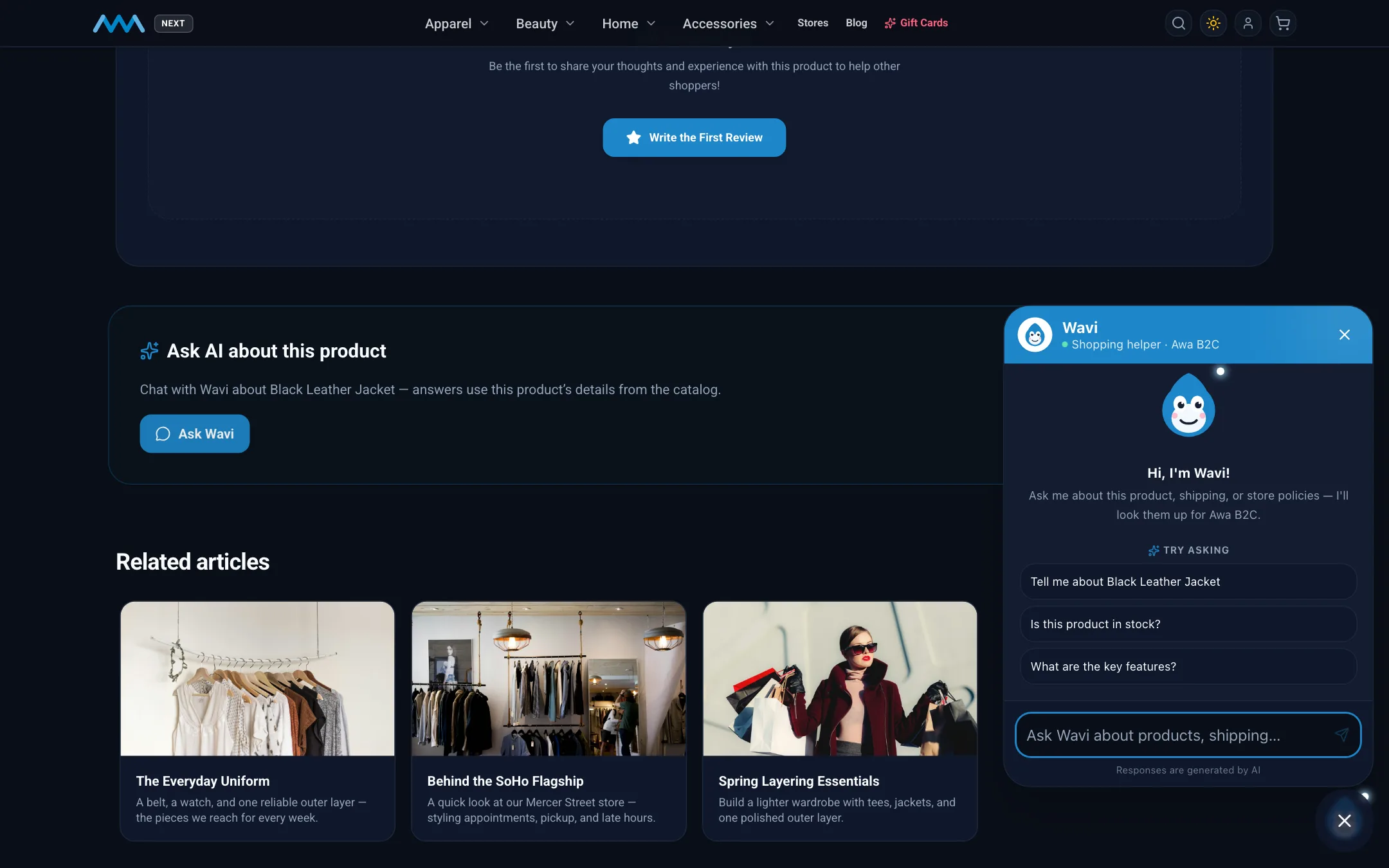 Wavi chat open on a product page on desktop in dark mode