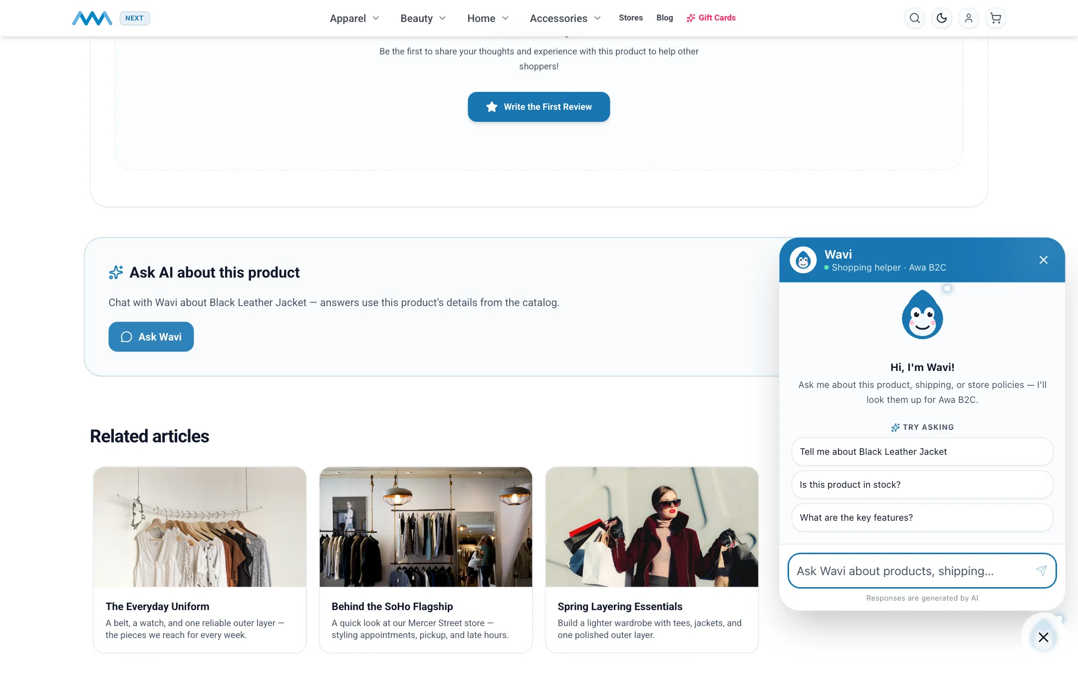 Wavi chat open on a product page on desktop