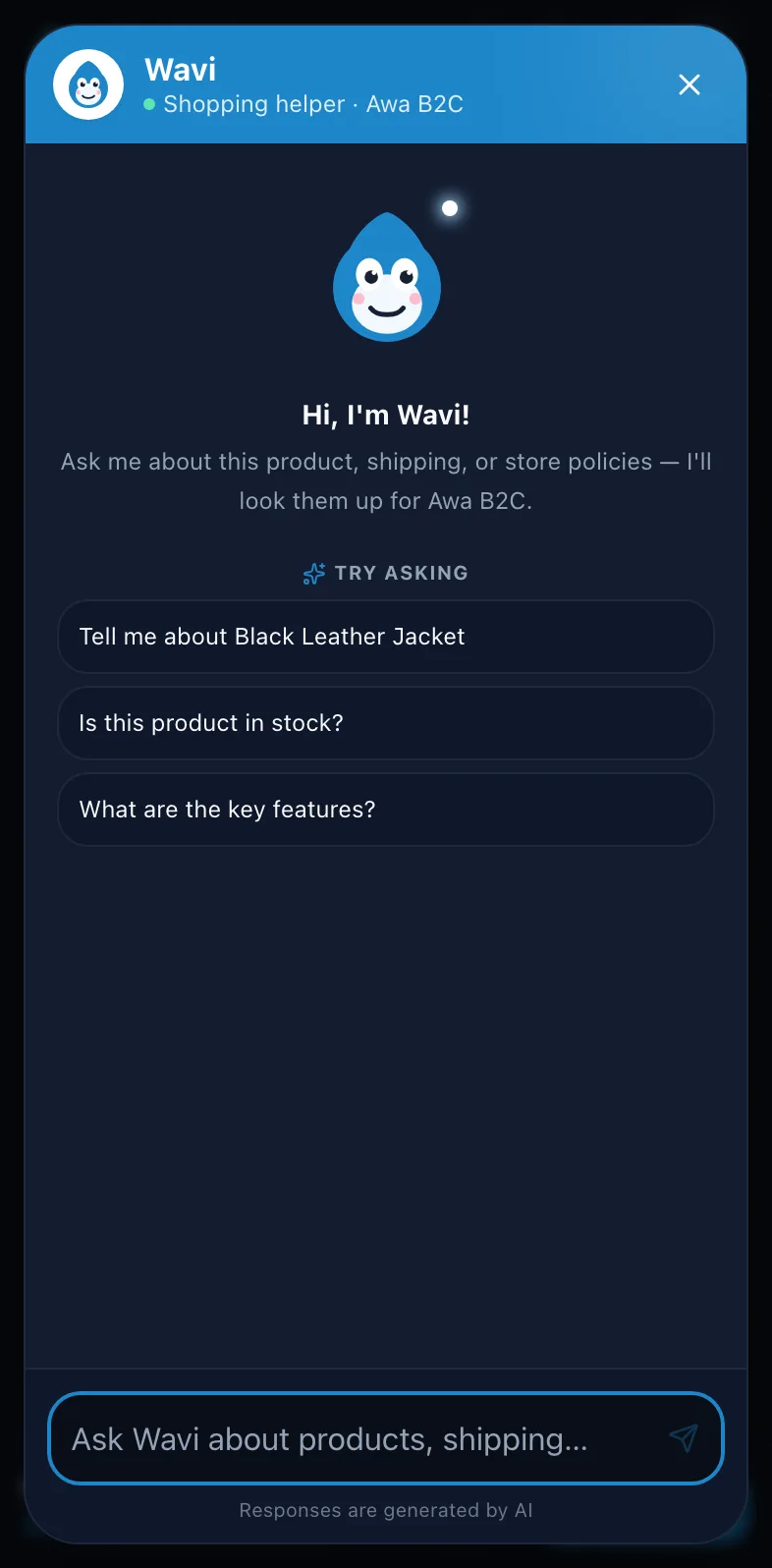 Wavi chat open on a product page on mobile in dark mode