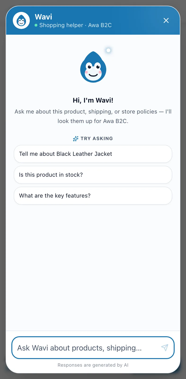 Wavi chat open on a product page on mobile