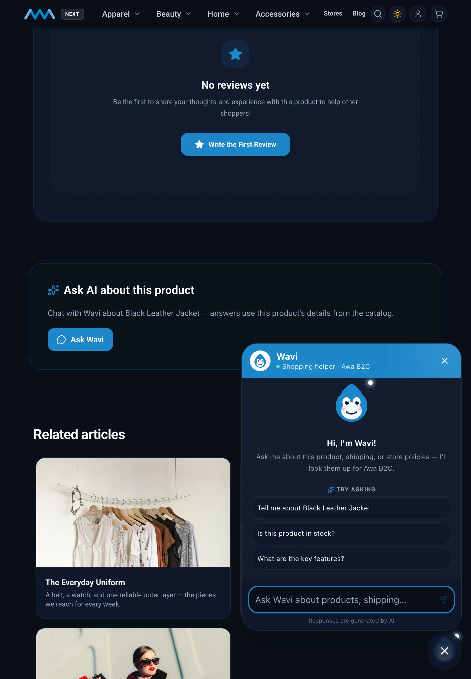 Wavi chat open on a product page on tablet in dark mode