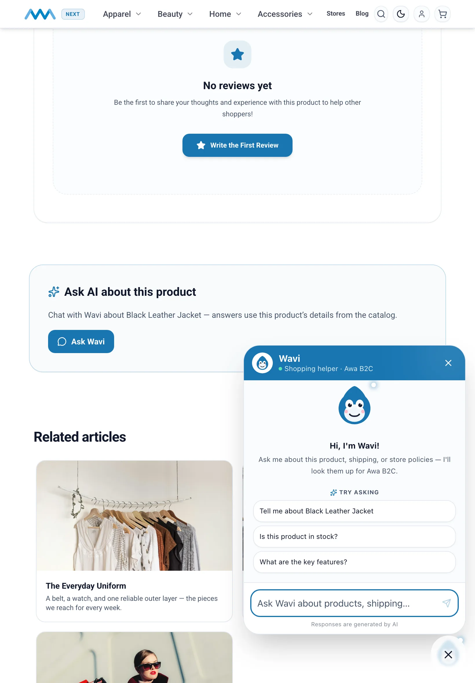 Wavi chat open on a product page on tablet