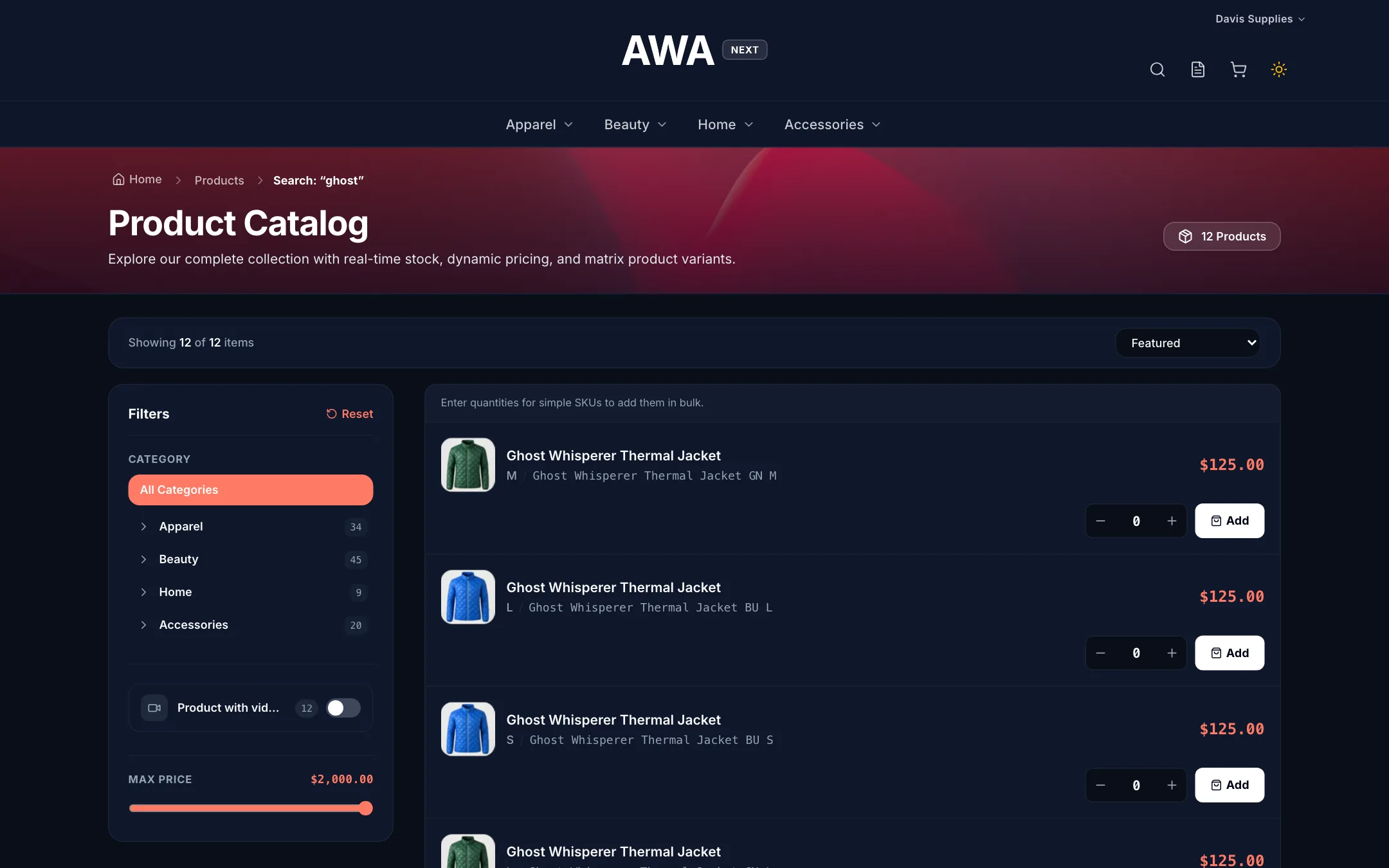 B2B catalog with the prices of the signed-in account on desktop in dark mode