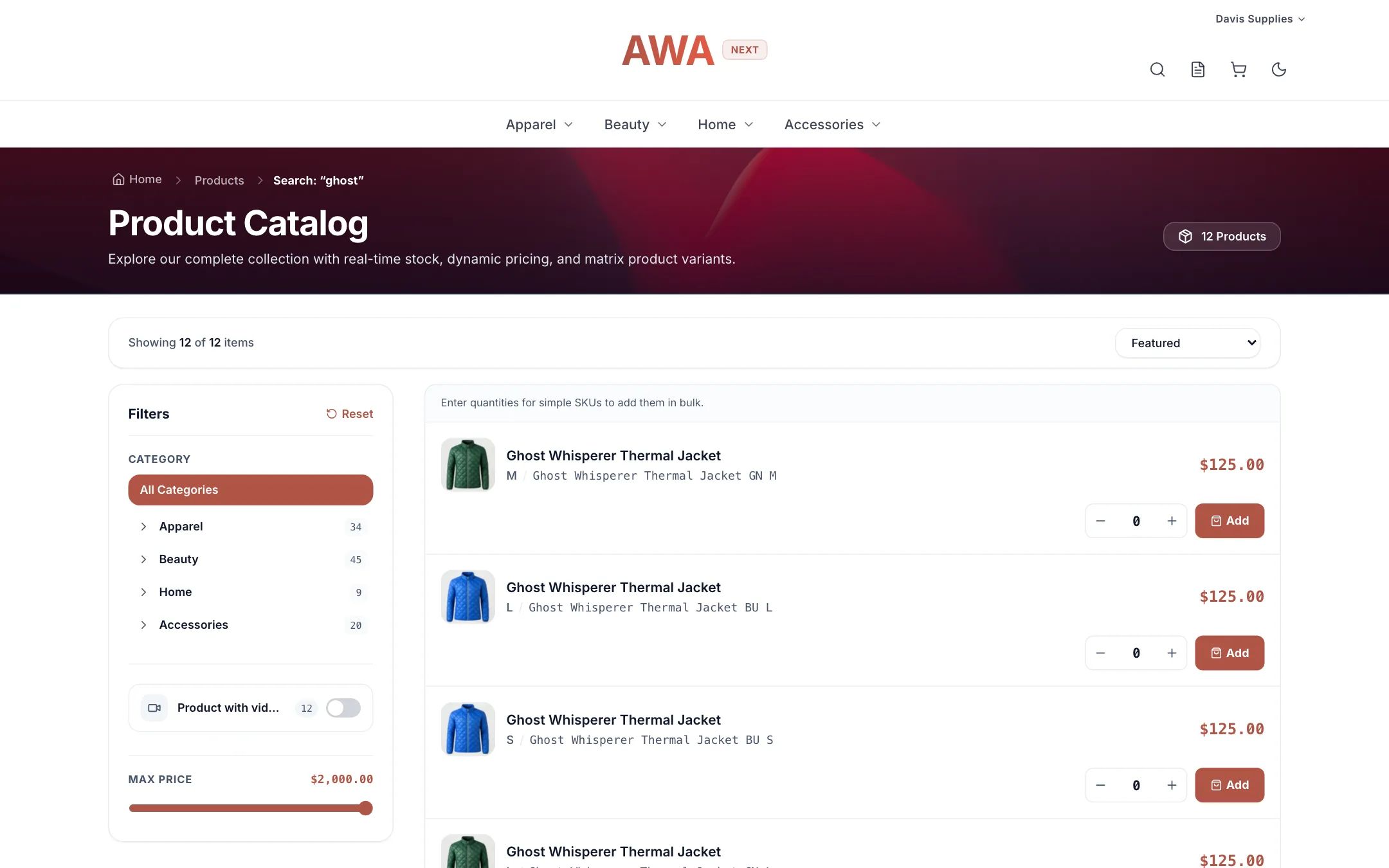 B2B catalog with the prices of the signed-in account on desktop