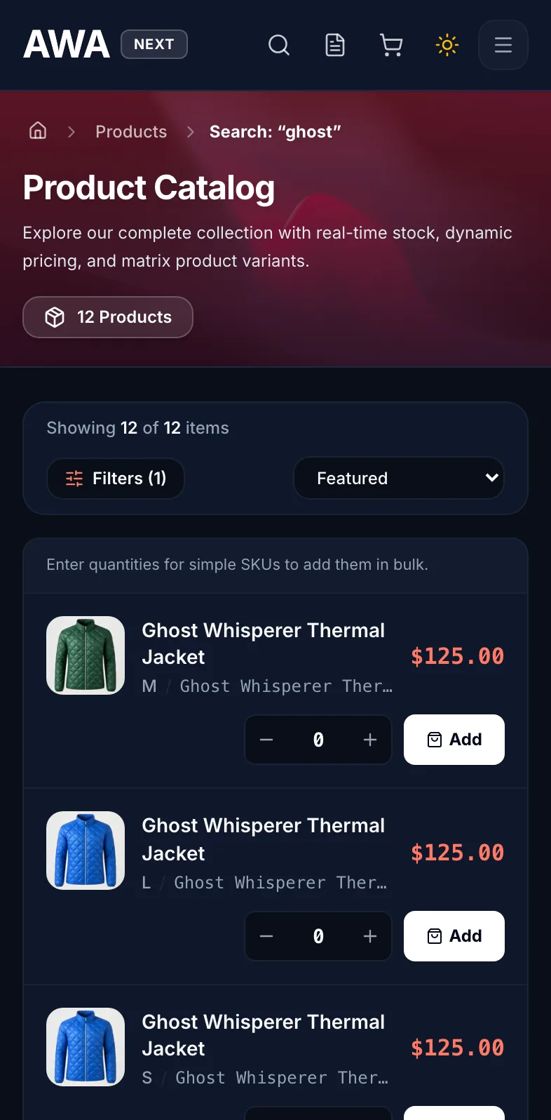 B2B catalog with the prices of the signed-in account on mobile in dark mode