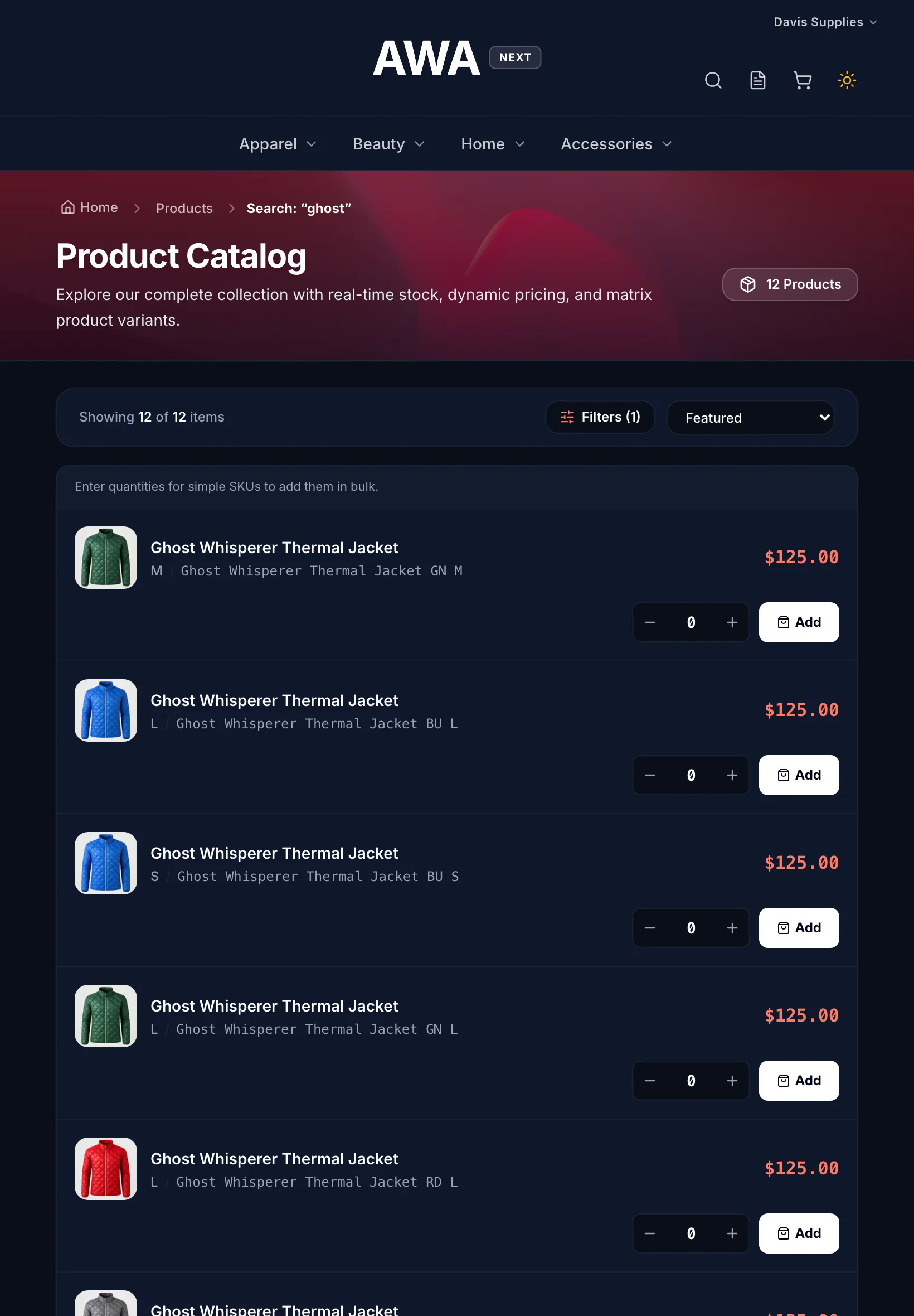 B2B catalog with the prices of the signed-in account on tablet in dark mode