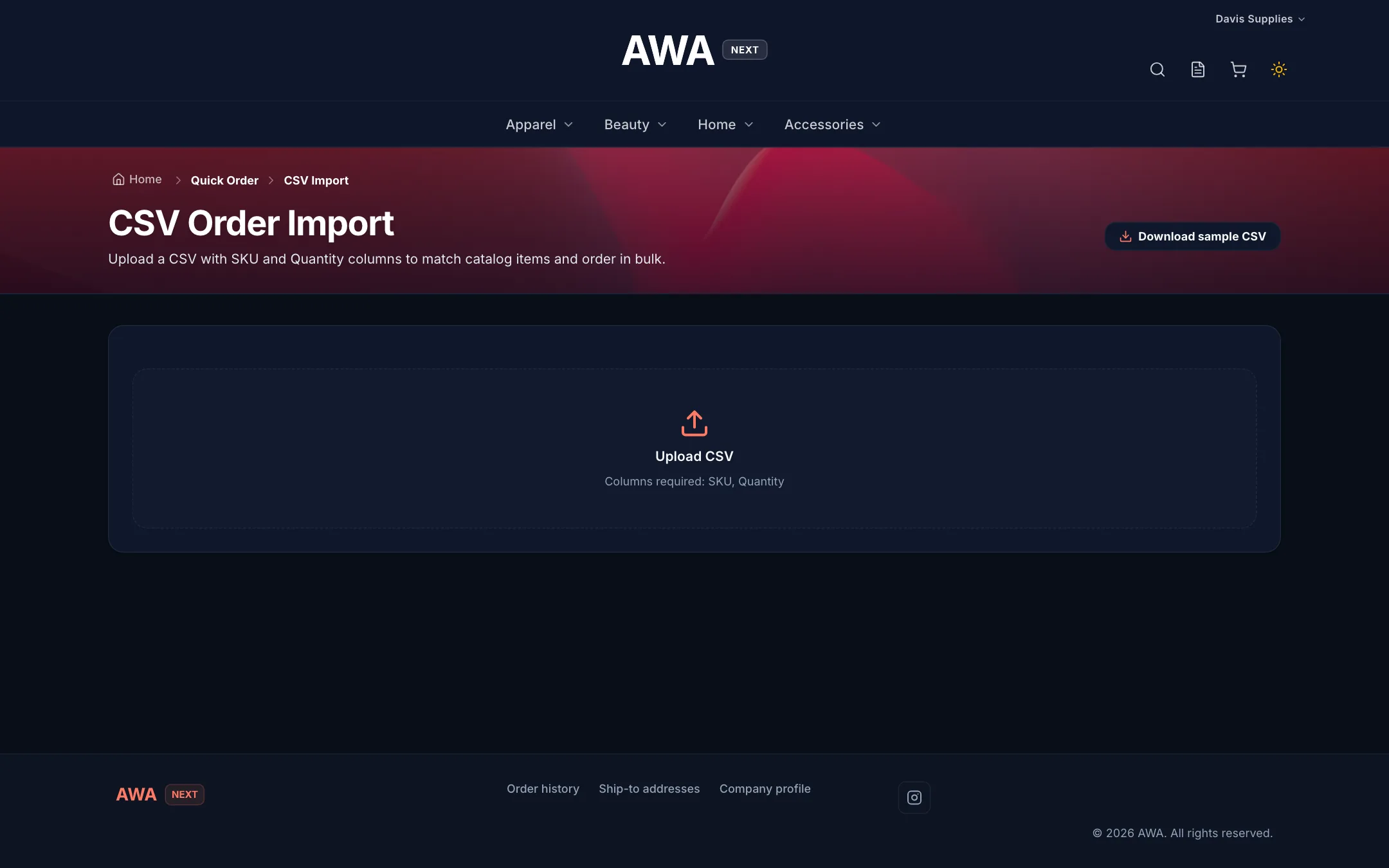 CSV order import page with the upload area and sample file on desktop in dark mode