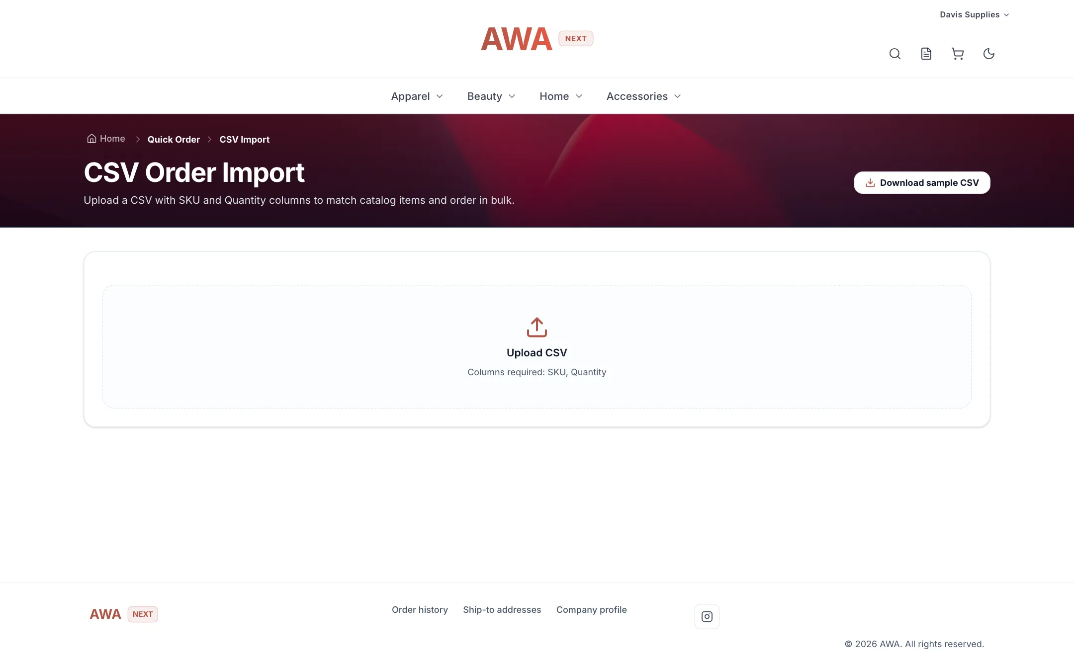 CSV order import page with the upload area and sample file on desktop