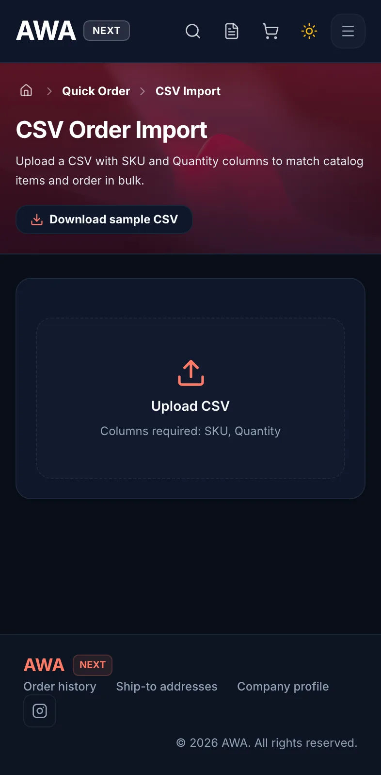 CSV order import page with the upload area and sample file on mobile in dark mode