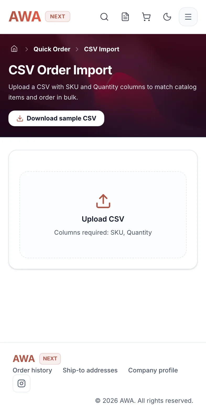 CSV order import page with the upload area and sample file on mobile