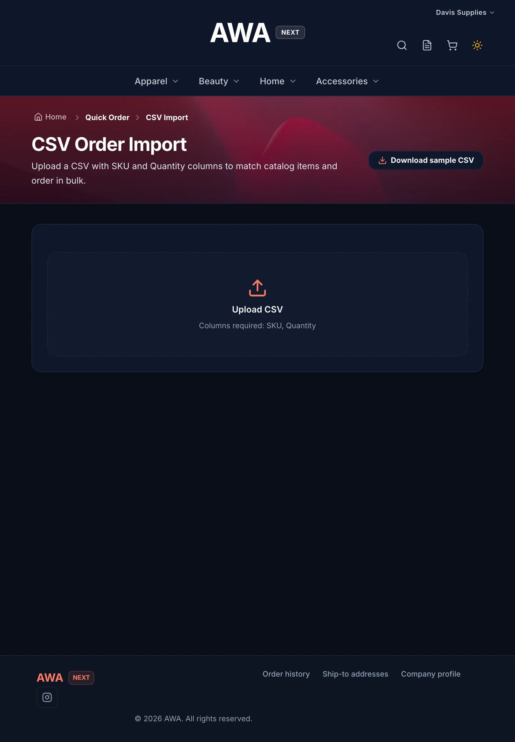 CSV order import page with the upload area and sample file on tablet in dark mode