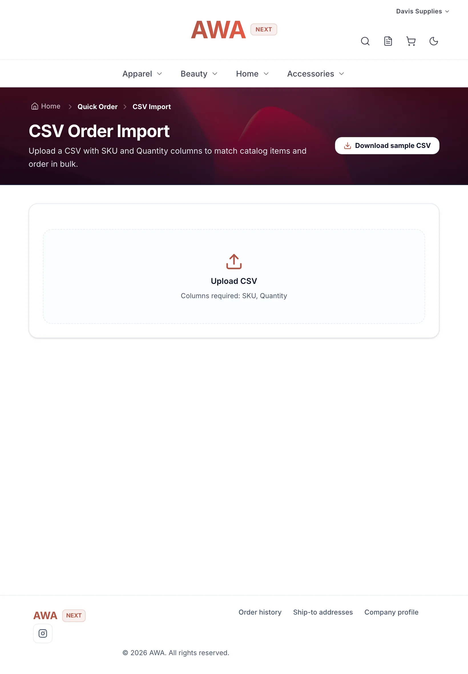 CSV order import page with the upload area and sample file on tablet