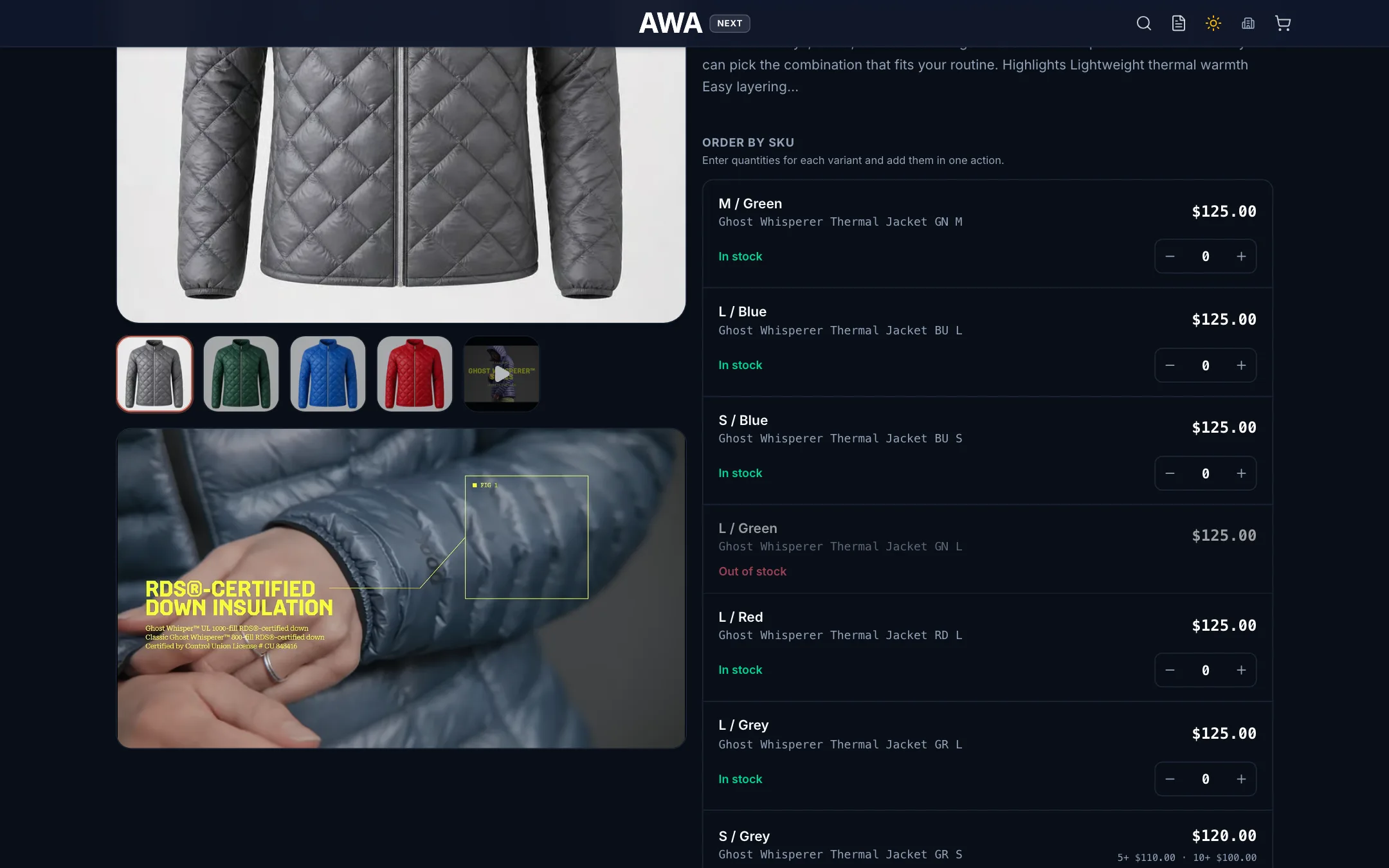Product page with each size and color as a row with its own quantity on desktop in dark mode