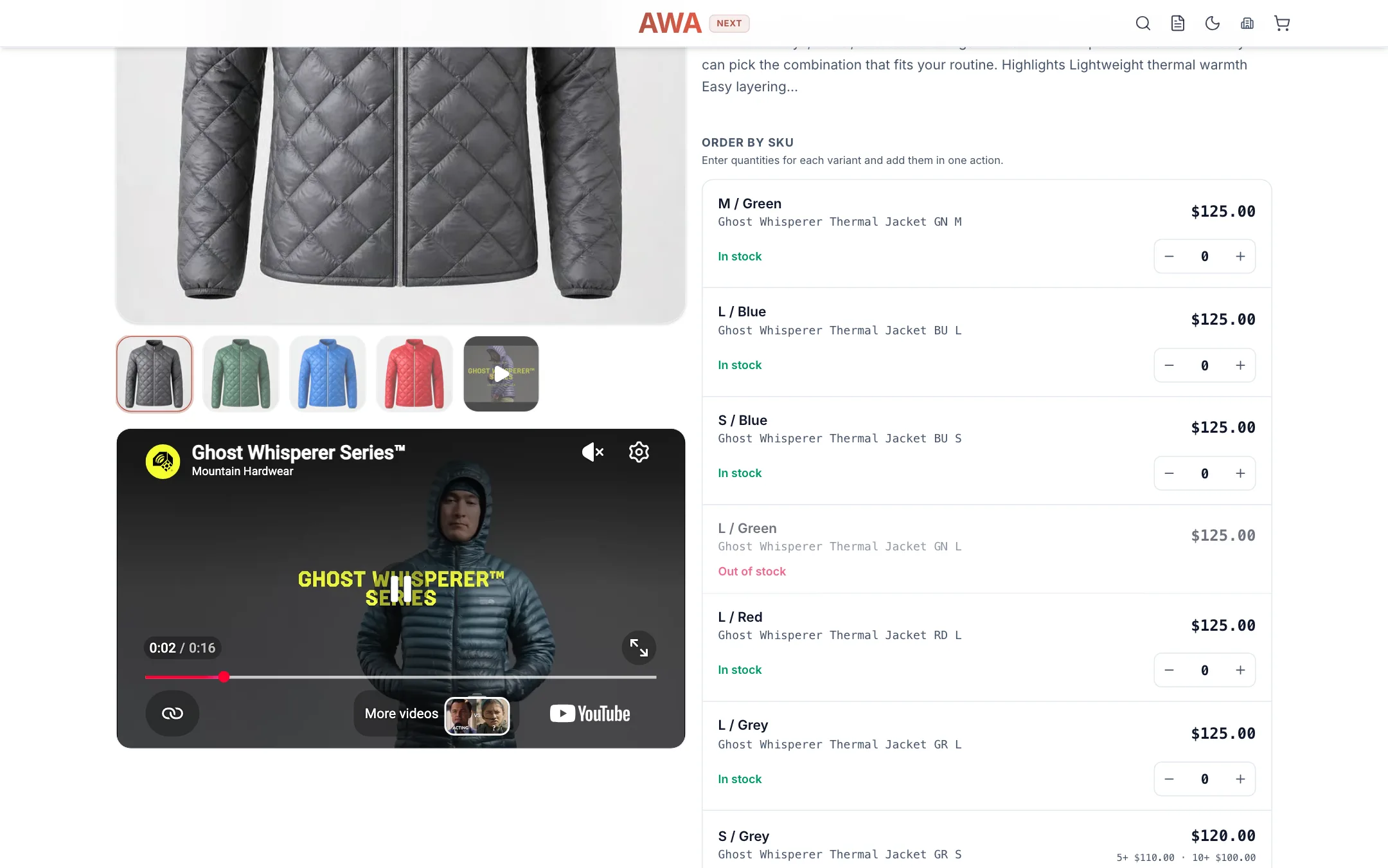 Product page with each size and color as a row with its own quantity on desktop