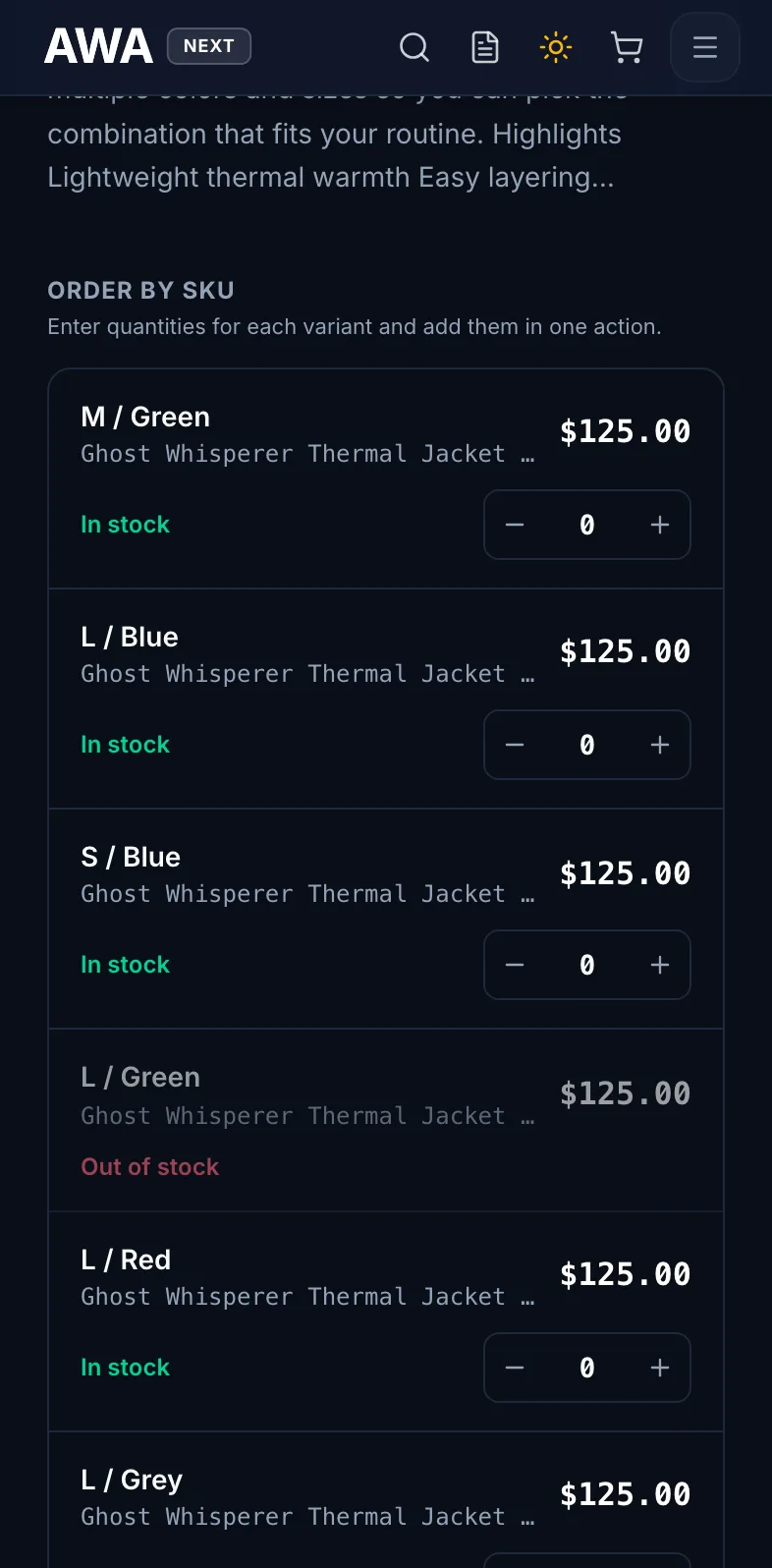 Product page with each size and color as a row with its own quantity on mobile in dark mode